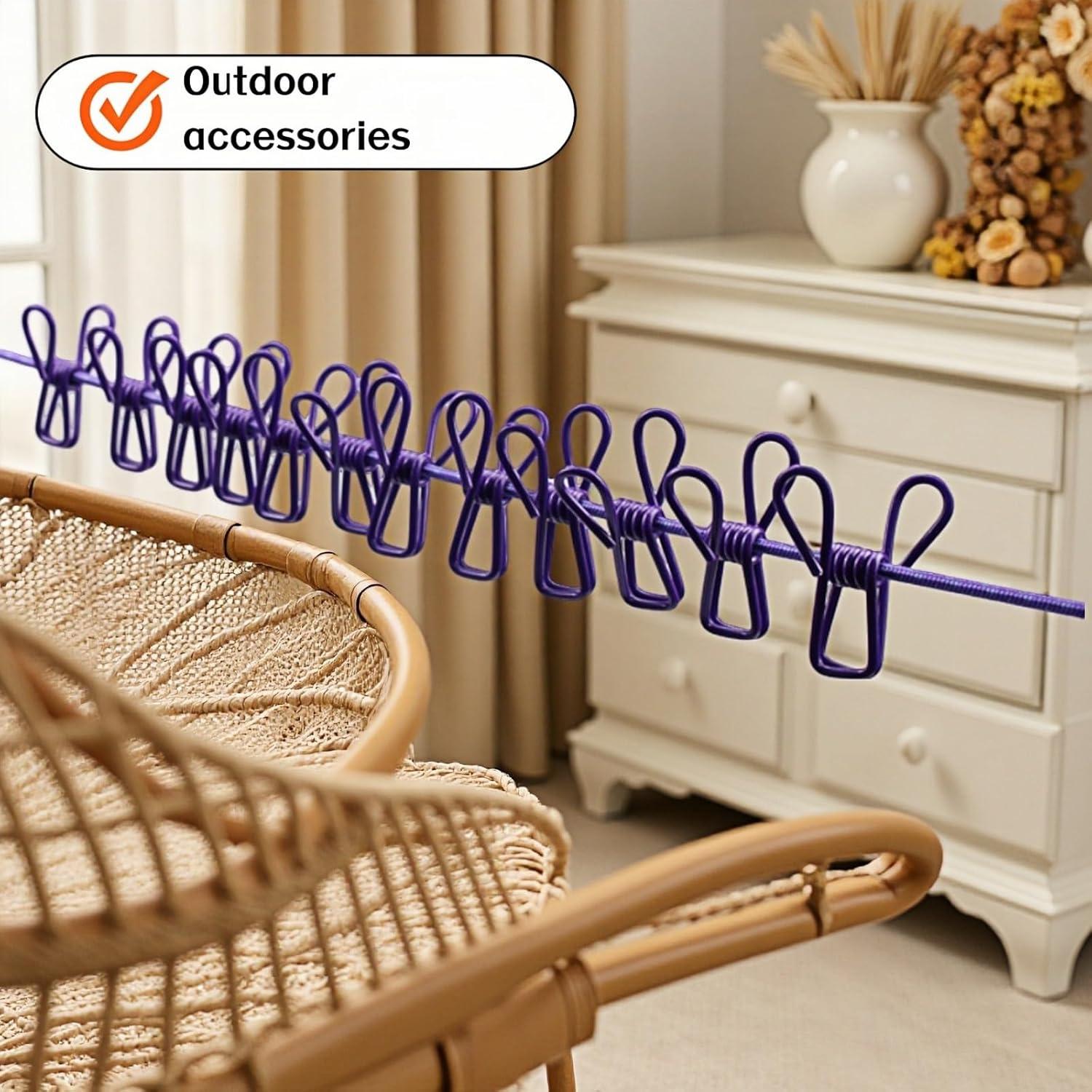 Cuerda de Ropa Portátil FANBODTA 3.66m con 12 Clips Morado