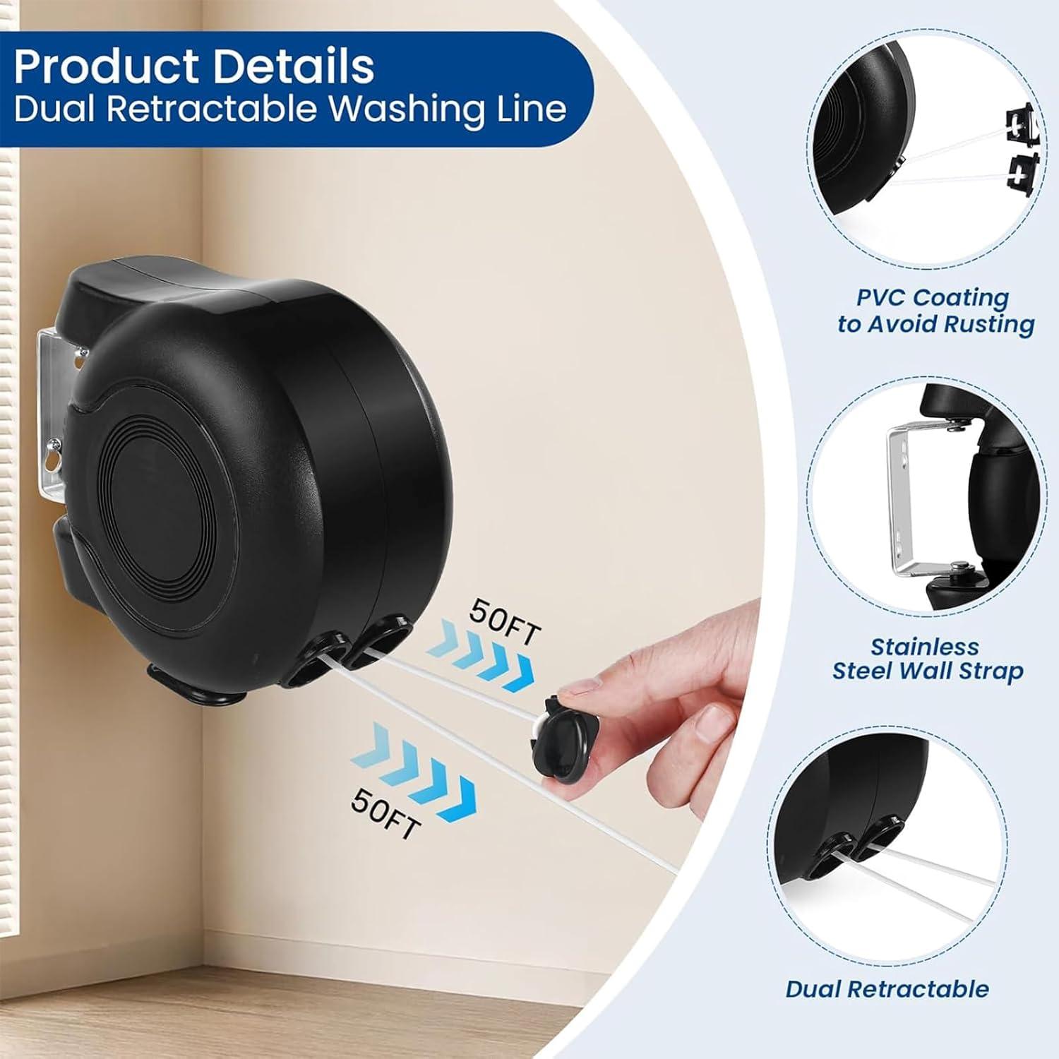 Tendedero Retráctil Doble HOXSURY 30 m Resistente Interior/Exterior