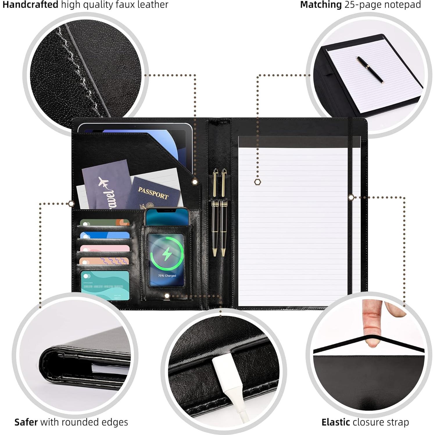 Portafolio de Cuero Ospelelf Negro con Clipboard y Notepad