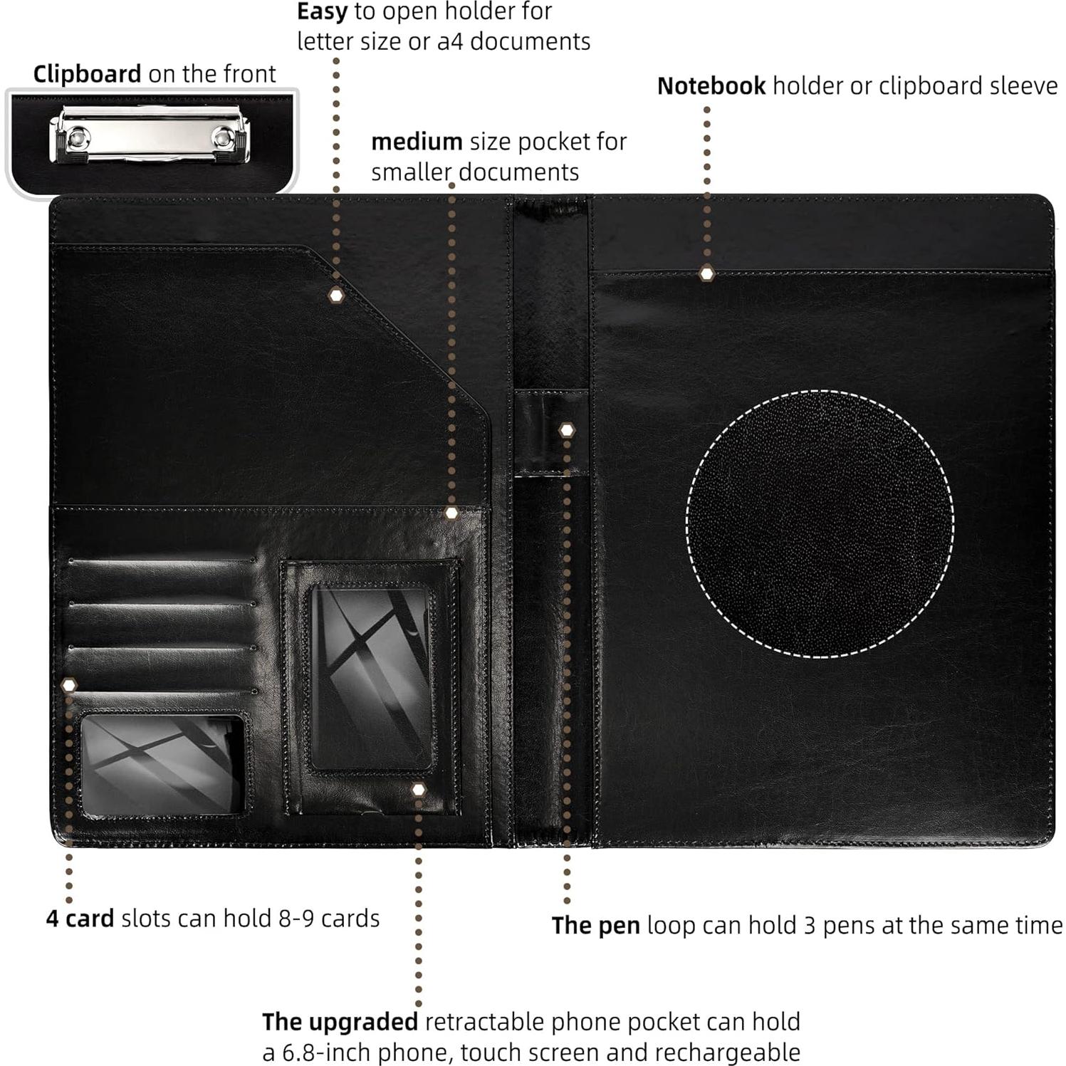 Portafolio de Cuero Ospelelf Negro con Clipboard y Notepad