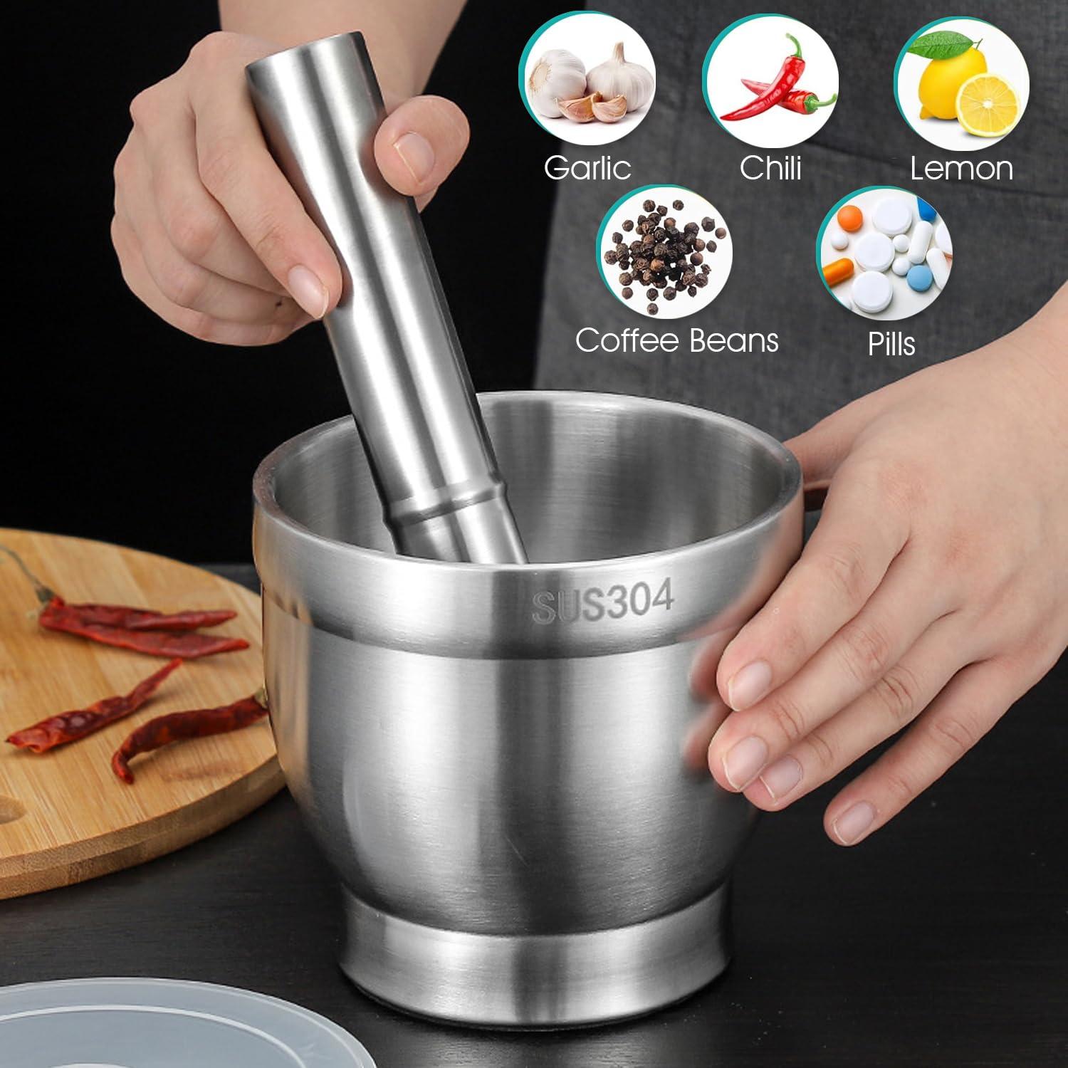 Mortero y Maja de Acero Inoxidable Chemlliy 5" Antideslizante