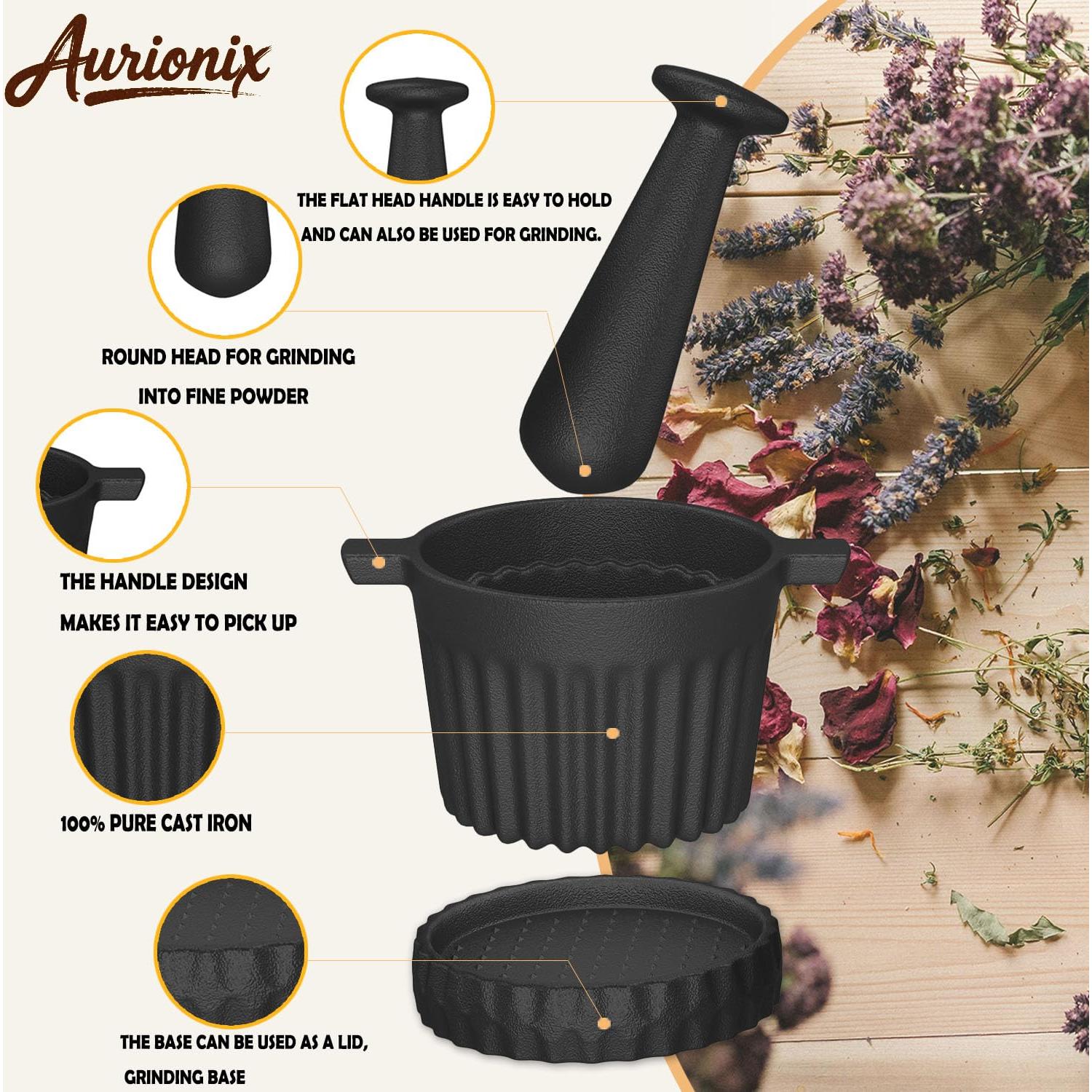 Juego de Mortero y Mano de Hierro Fundido Aurionix 3-en-1