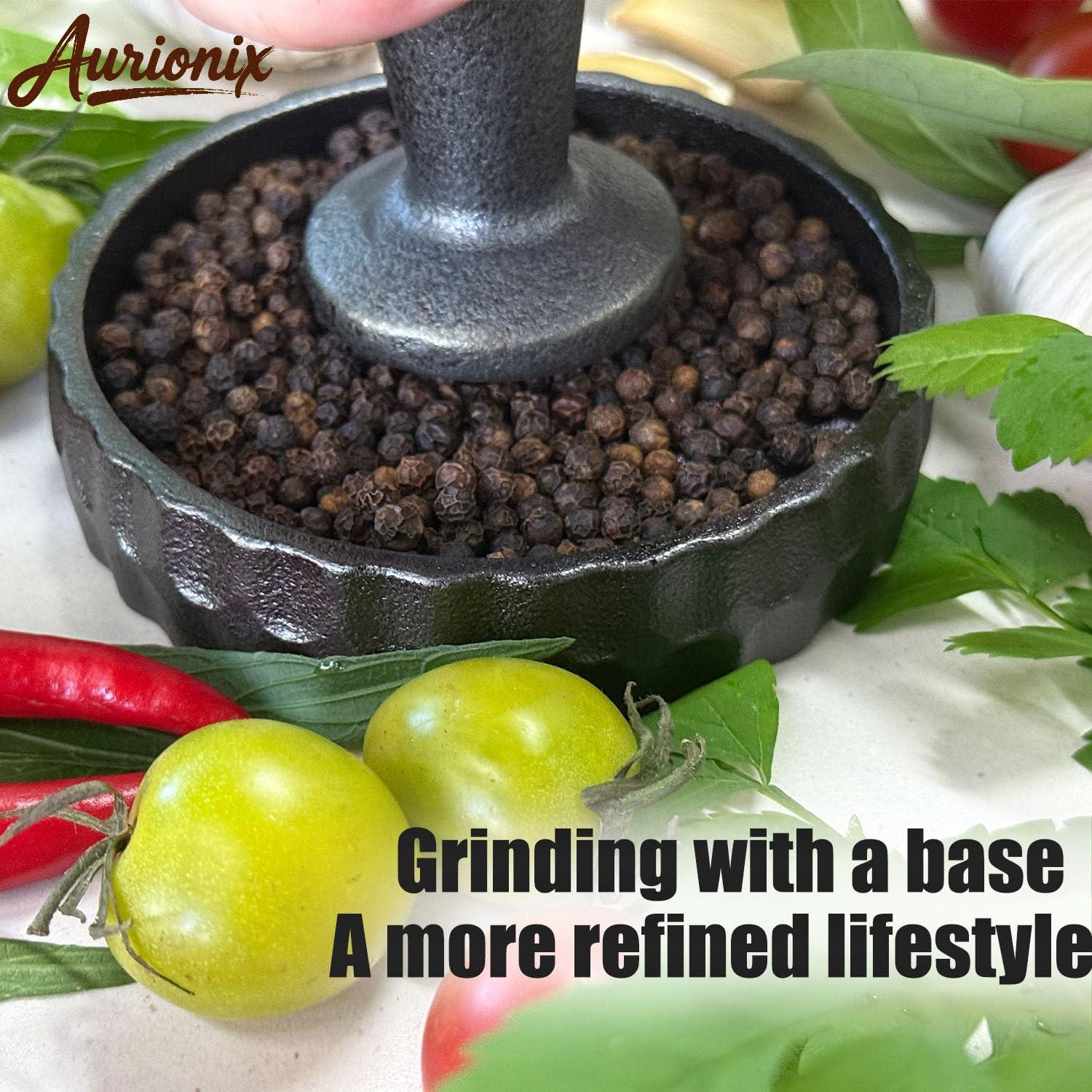 Juego de Mortero y Mano de Hierro Fundido Aurionix 3-en-1