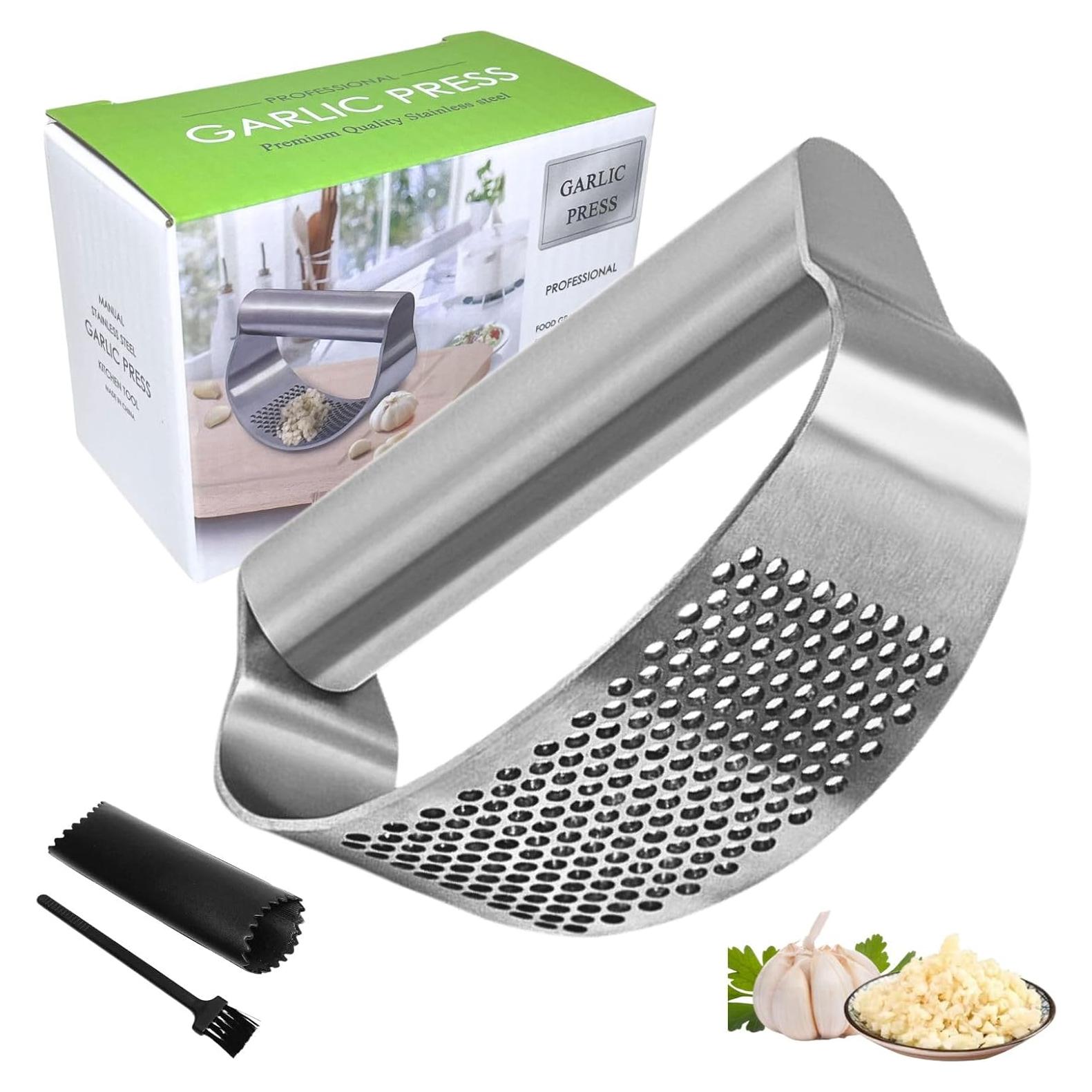 Prensa de Ajo BOKKY de Acero Inoxidable con Pelador y Cepillo