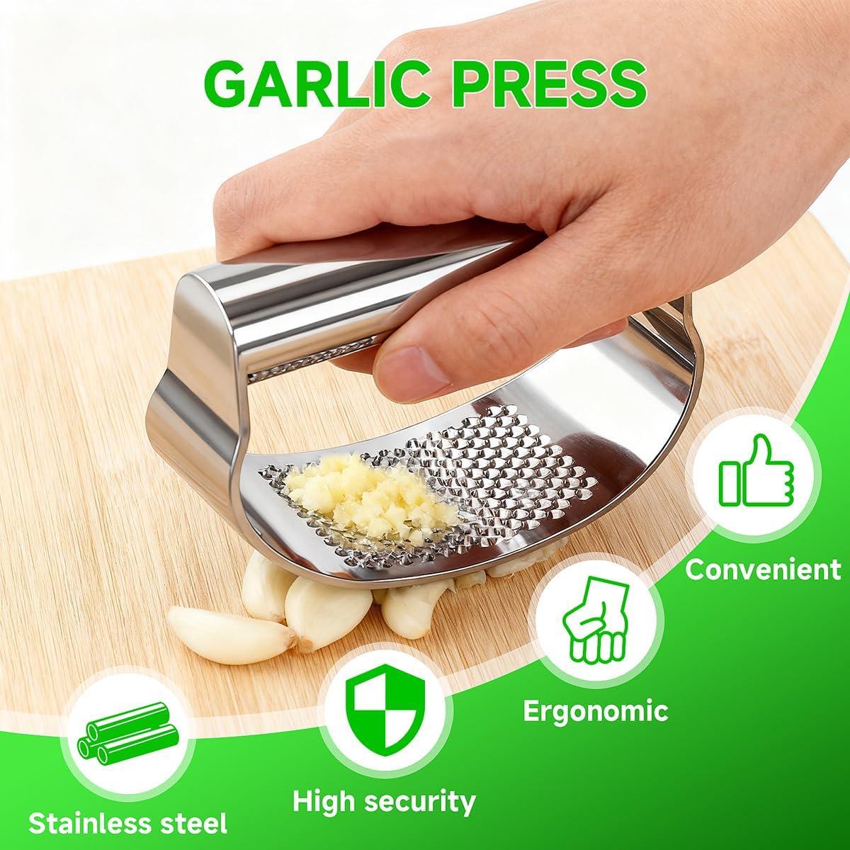 Prensa de Ajo BOKKY de Acero Inoxidable con Pelador y Cepillo