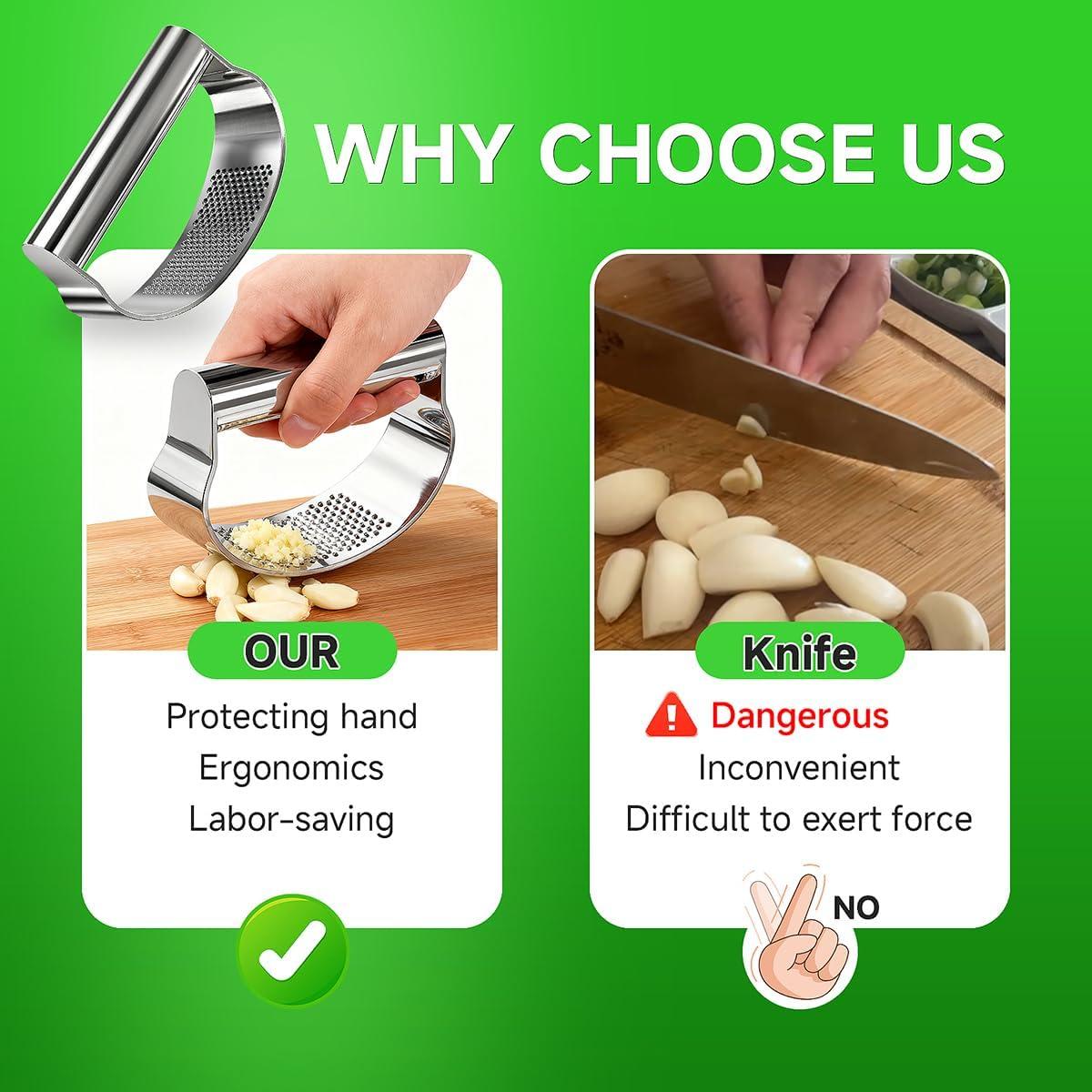 Prensa de Ajo BOKKY de Acero Inoxidable con Pelador y Cepillo