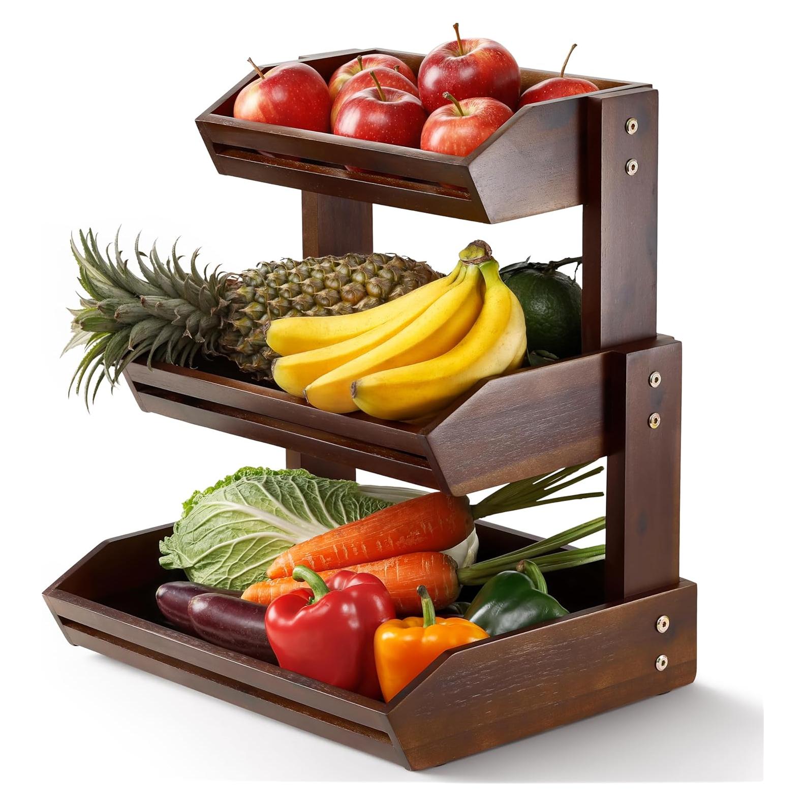 Cesta de Frutas de Madera Acacia 3 Niveles Organizador Cocina