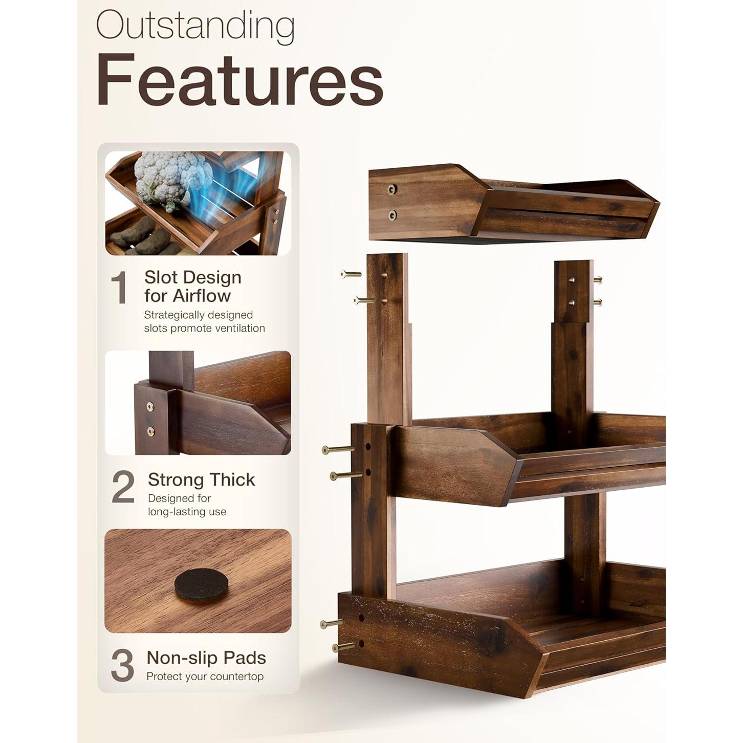 Cesta de Frutas de Madera Acacia 3 Niveles Organizador Cocina