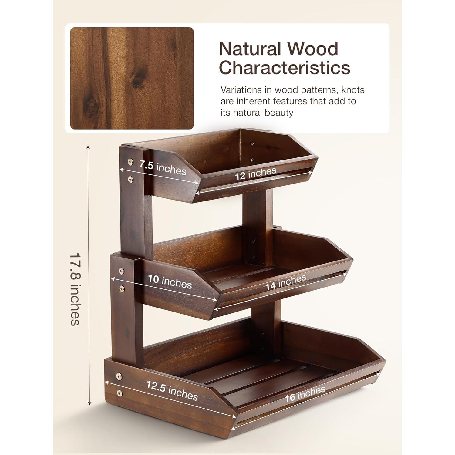 Cesta de Frutas de Madera Acacia 3 Niveles Organizador Cocina