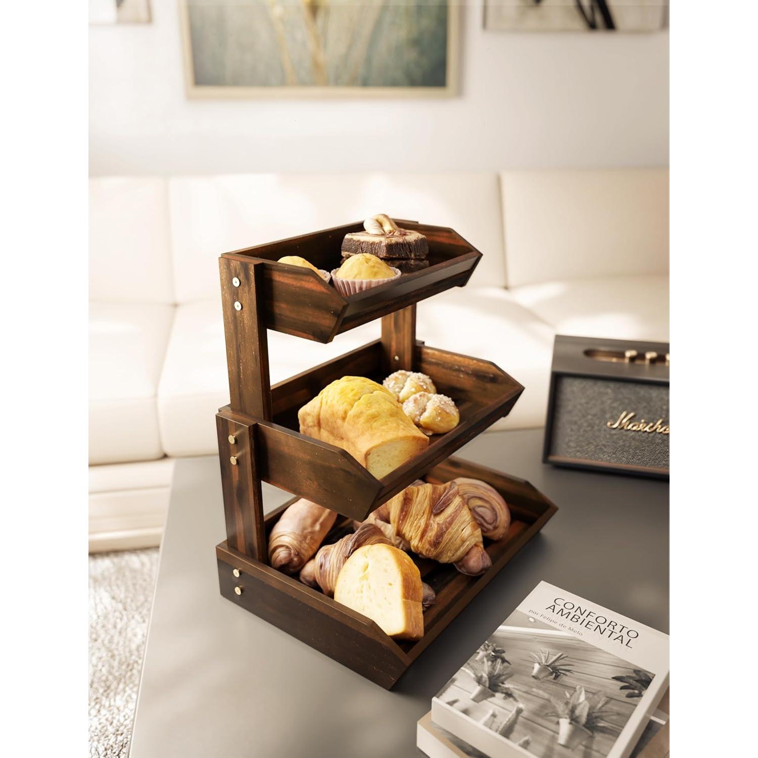 Cesta de Frutas de Madera Acacia 3 Niveles Organizador Cocina