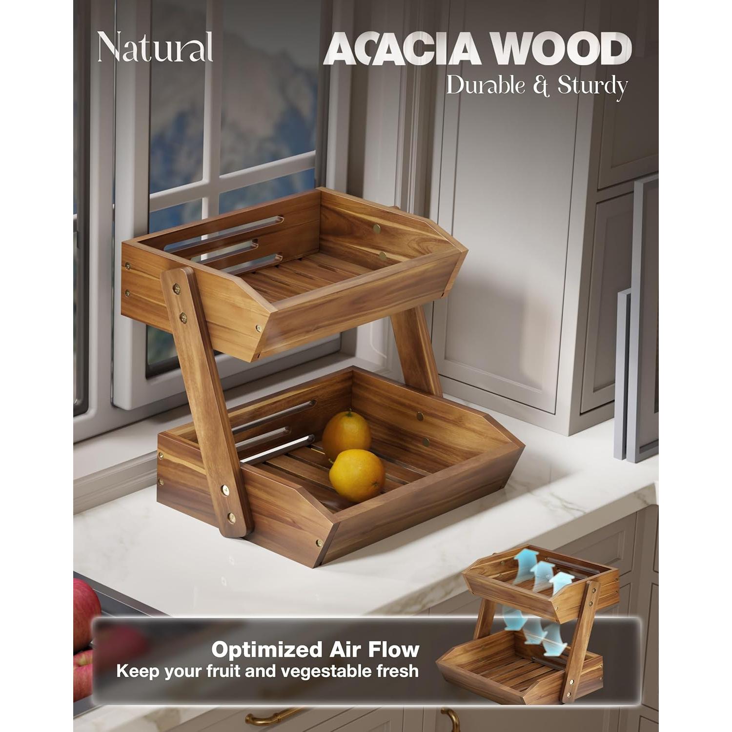 Cesta de Frutas NAGAWOOD 2 Niveles Acacia Natural 26.67 cm