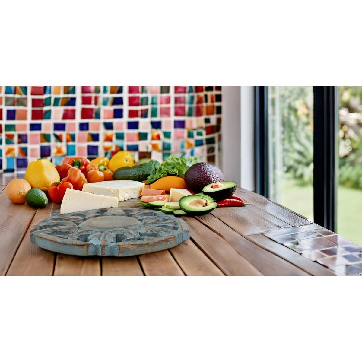 Trivet Redondo de Madera de Mango Azul Lavado 15 cm - The Great Indian Bazaar