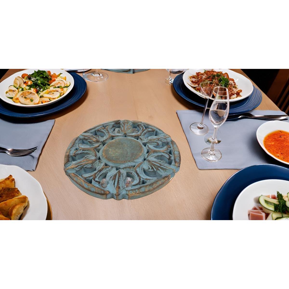 Trivet Redondo de Madera de Mango Azul Lavado 15 cm - The Great Indian Bazaar