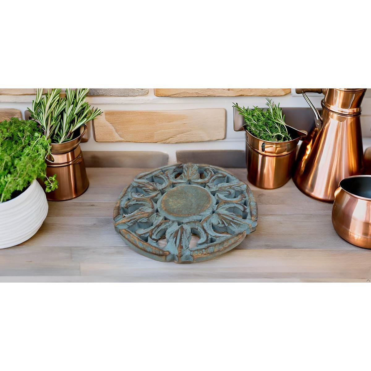 Trivet Redondo de Madera de Mango Azul Lavado 15 cm - The Great Indian Bazaar