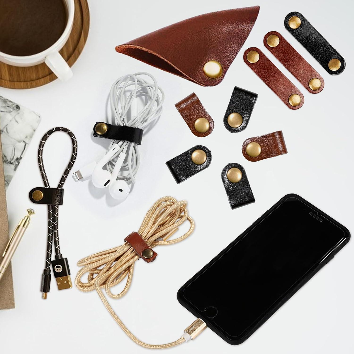 Organizador de Cuerda de Cuero Kanemc 12 Piezas - Negro y Marrón