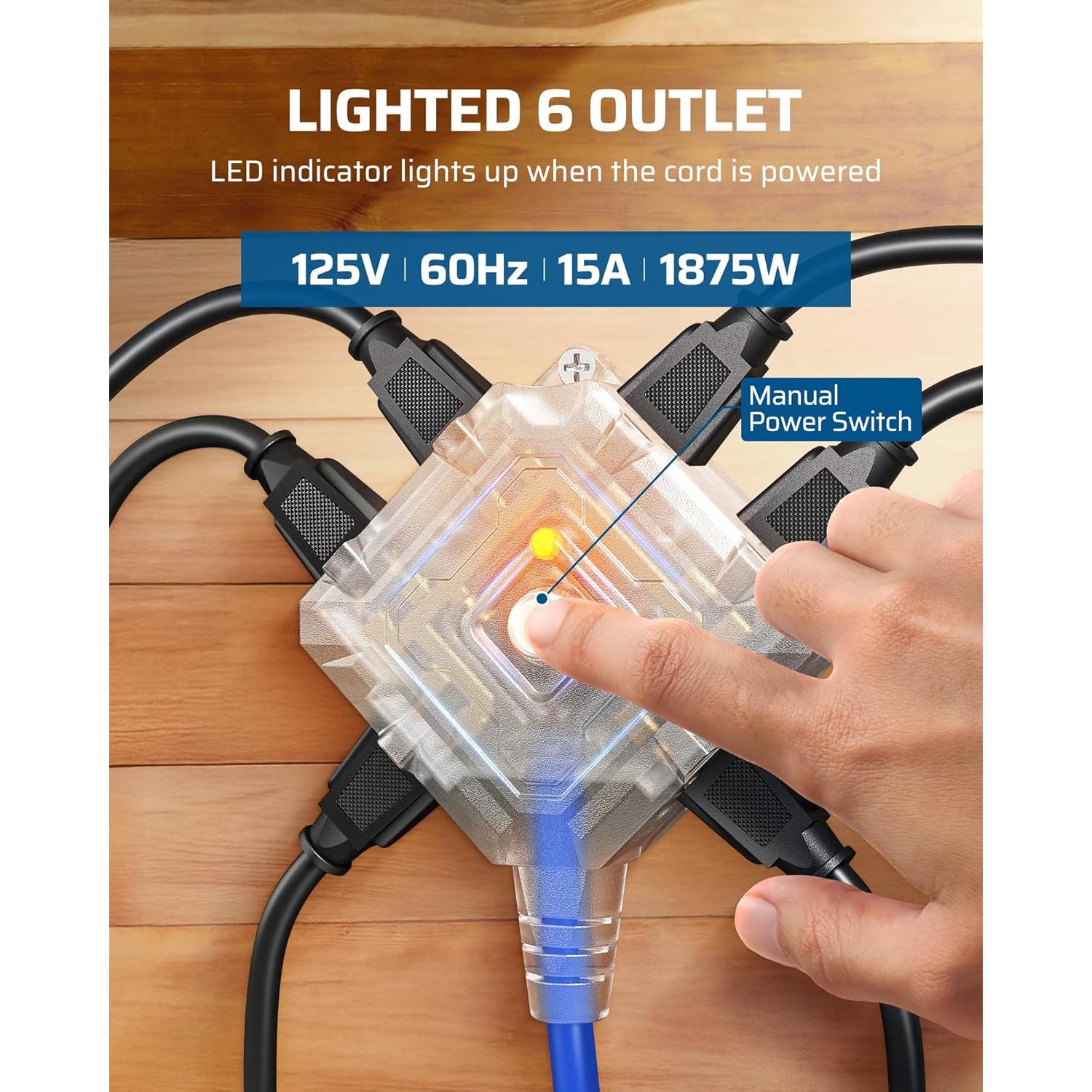 Carrete de Cable Retráctil DEWENWILS 12M 12AWG 6 Salidas