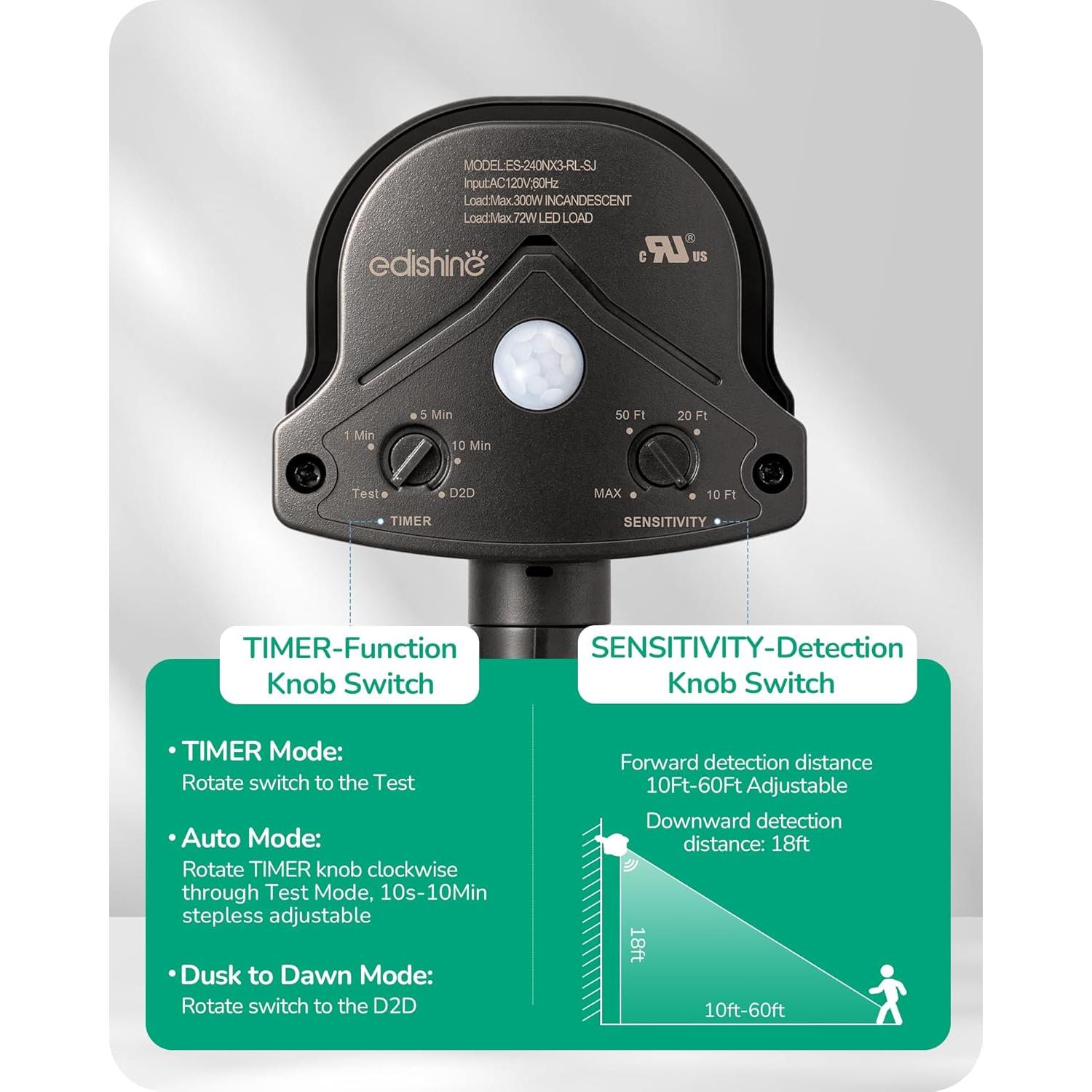 Sensor de Movimiento EDISHINE 240° 360° 18.3m Marrón