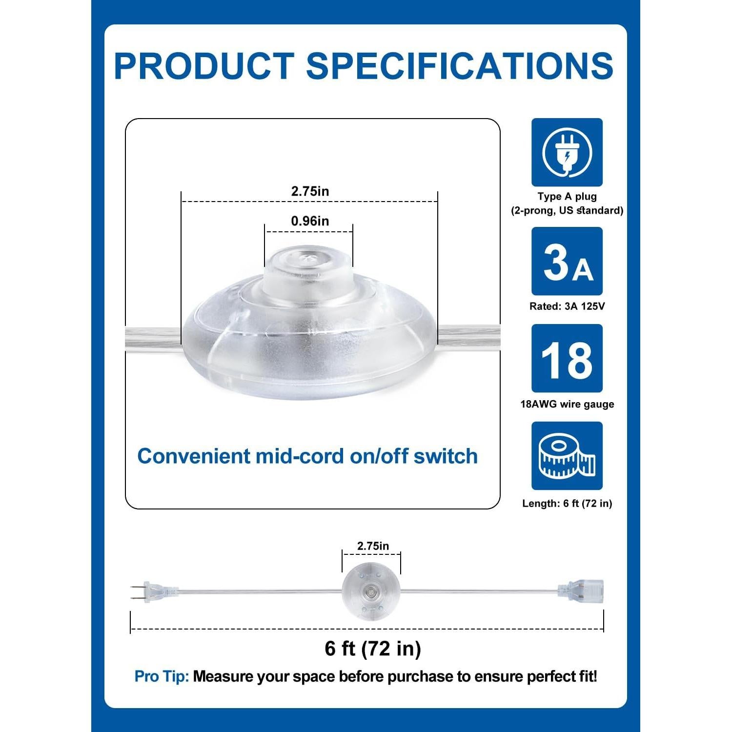 Interruptor de Pedal de Pie Kofuyni 6ft con Cable Claro 3A 125V