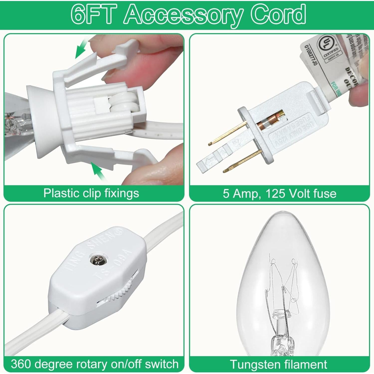 Juego de 4 Cables de Luz C7 con Bombilla Incandescente 1.83m