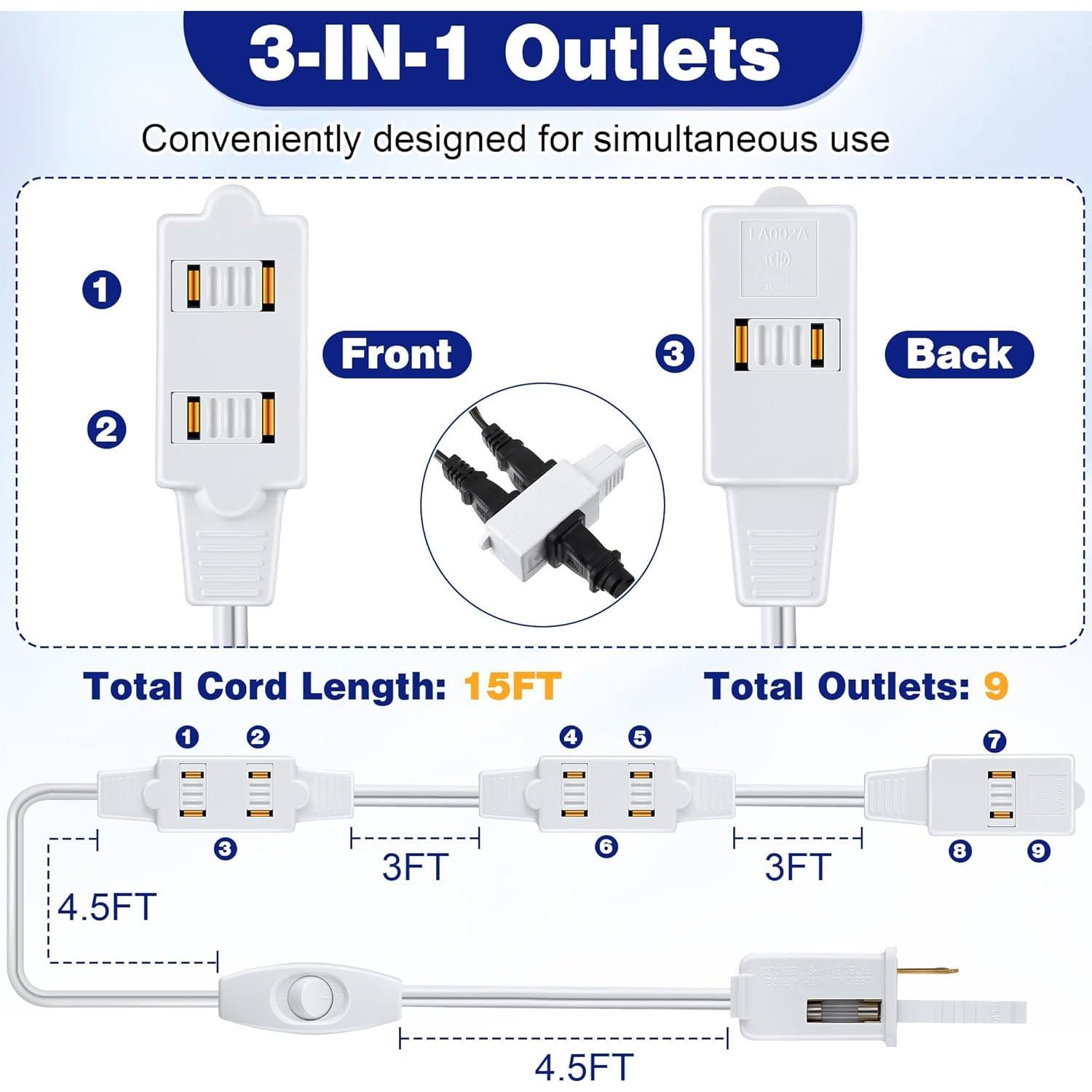 Cable de Extensión Enhon 2 Paquete 4.57m 9 Salidas Blanco