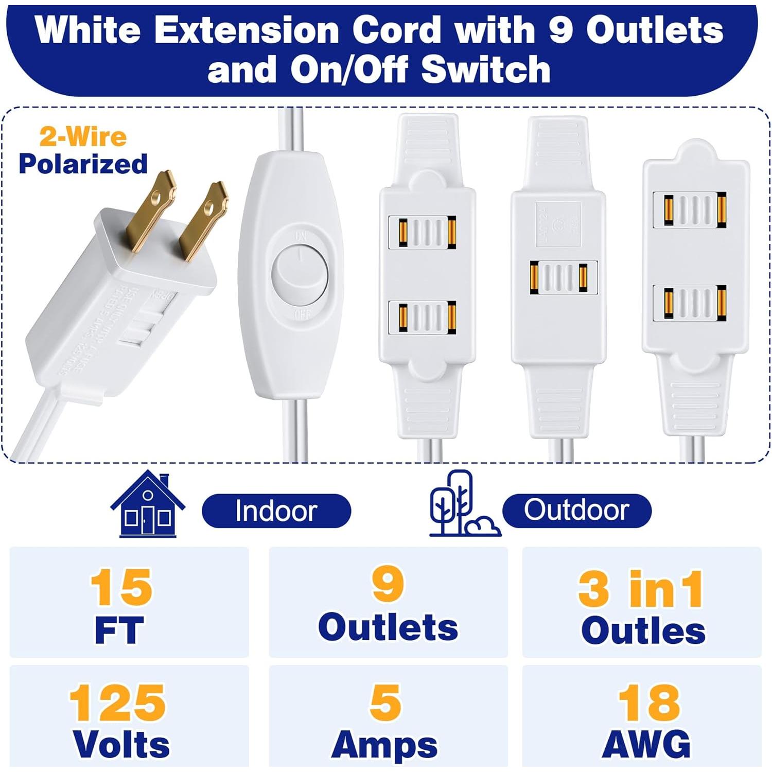 Cable de Extensión Enhon 2 Paquete 4.57m 9 Salidas Blanco