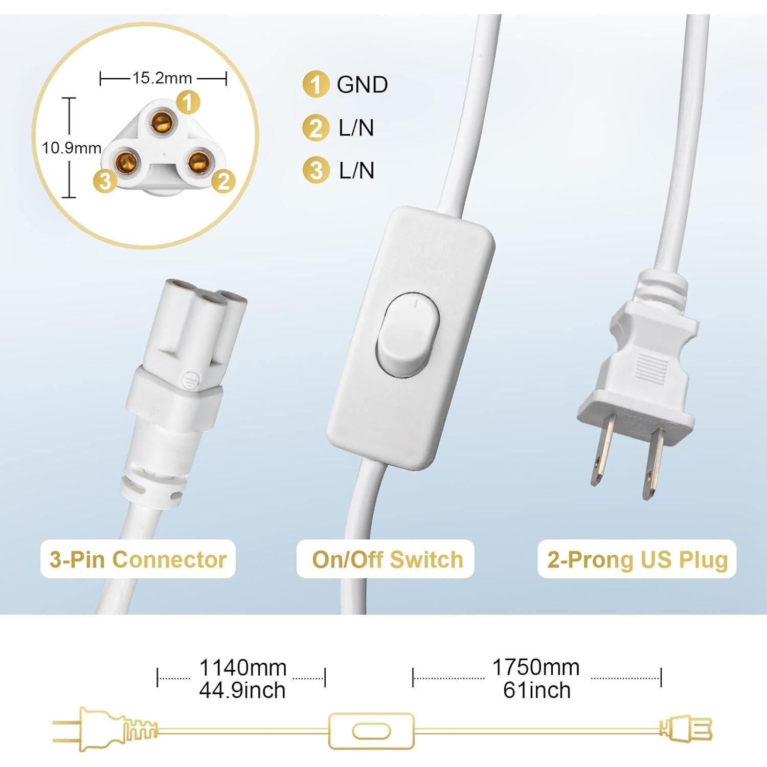 Cable de Extensión DiCUNO 3m T5 T8 con Interruptor On/Off