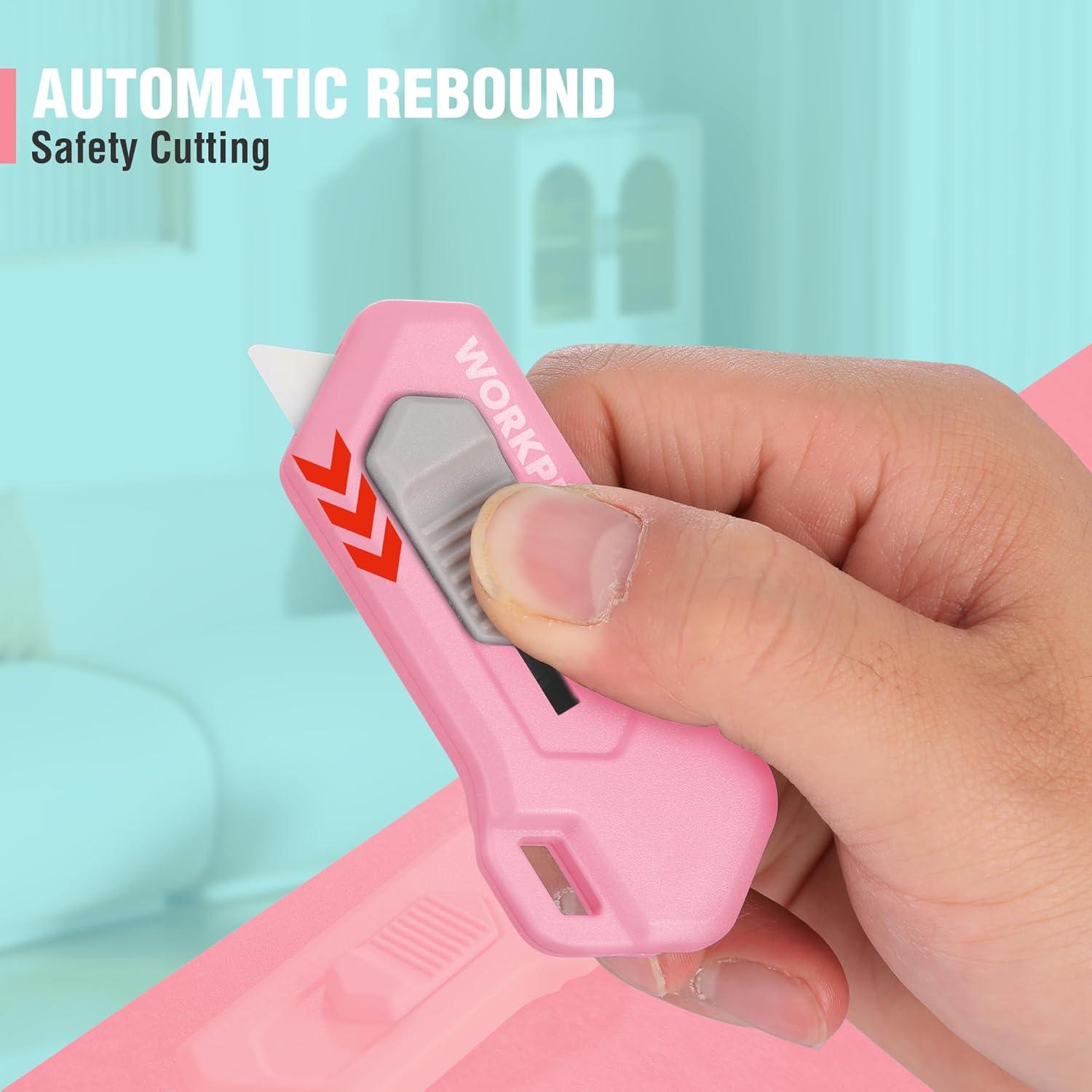 WORKPRO Ceramic Small Safety Box Cutter, Automatic Rebound Mini Letter Opener, Quick Change Retractable Blade Razor Knife, with Extra Blades