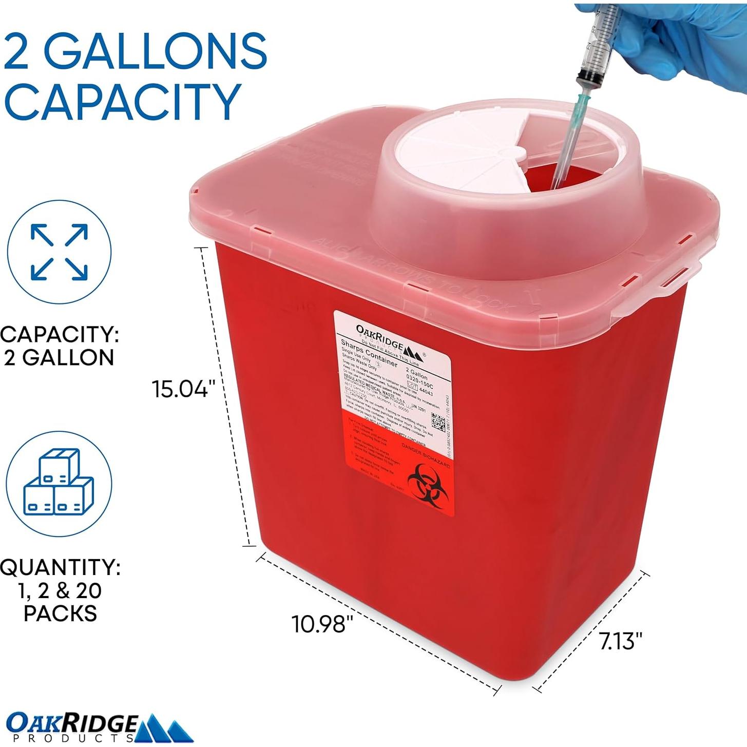 Contenedor de Puntas Oakridge 2 Galones - Paquete de 20 para Desechos Peligrosos