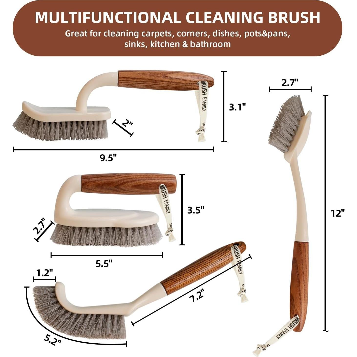 Juego de 4 Cepillos de Limpieza FAMILIA CEPILLO con Mangos de Madera