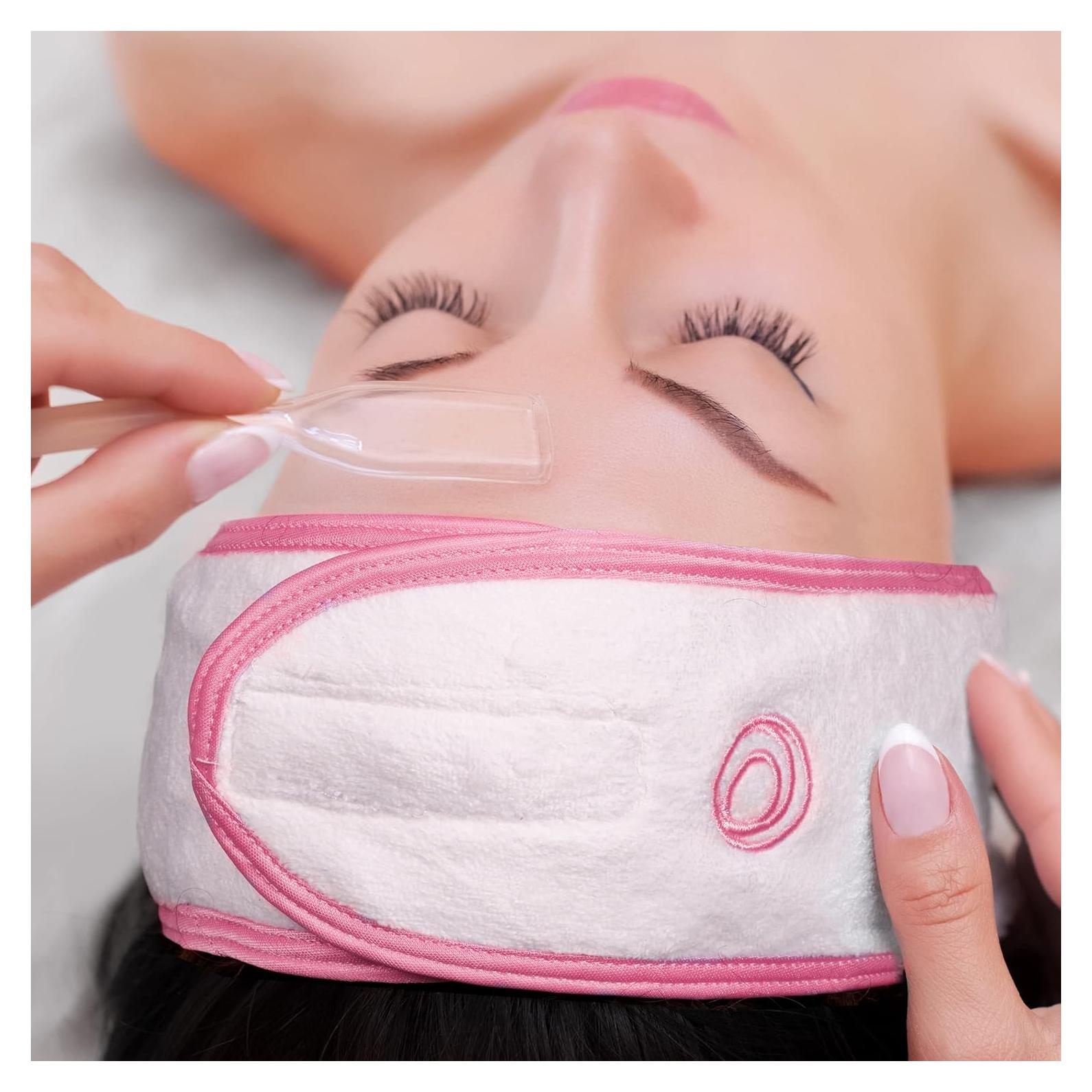 Paquete de 5 diademas de spa Posh | Microfibra elástica | Blanco con borde rosa