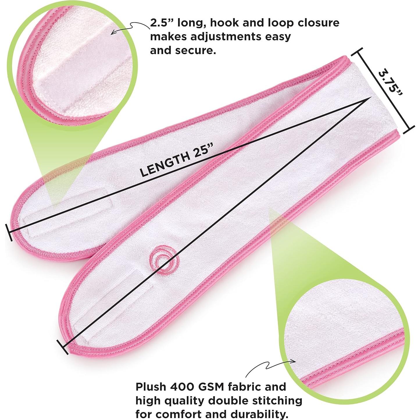 Paquete de 5 diademas de spa Posh | Microfibra elástica | Blanco con borde rosa