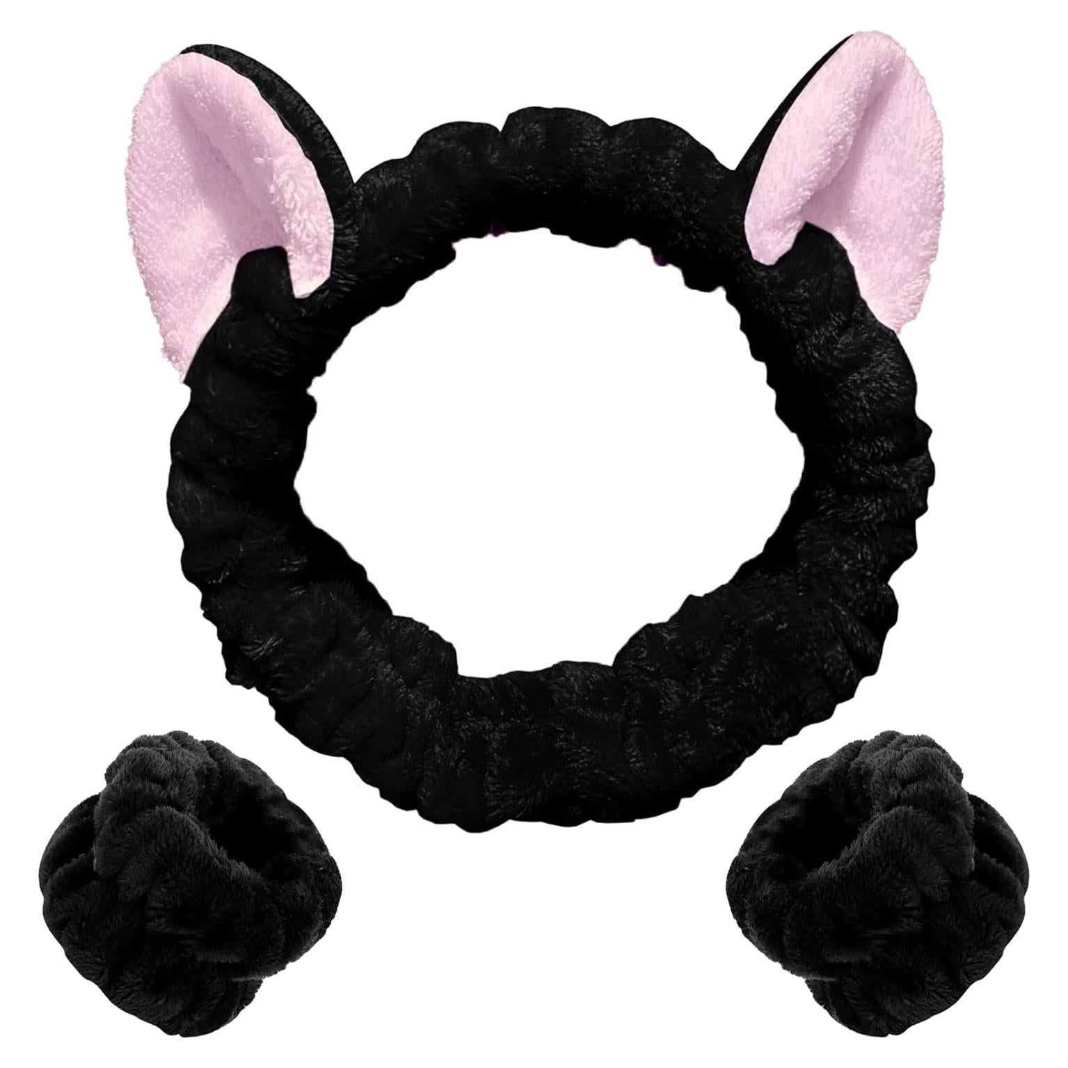 Set de Spa WHAVEL 3 Piezas Diadema Gato y Muñequera Negra