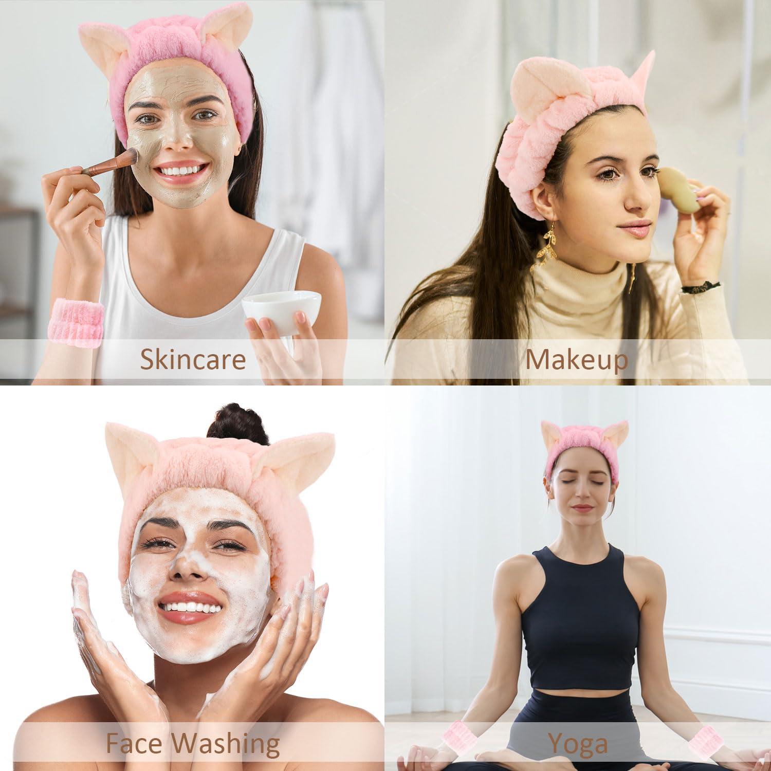 Conjunto Diadema y Pulsera Spa Atoden con Orejas de Gato Rosa