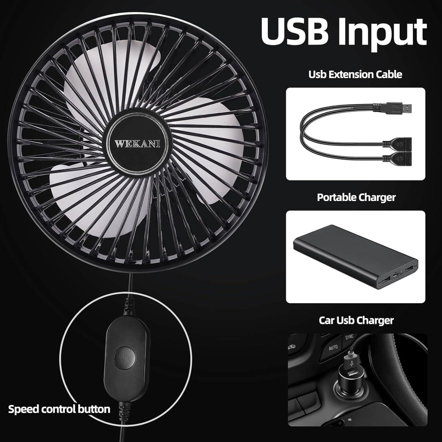 Ventilador Portátil WEKANI para Carro de Golf USB 3 Velocidades