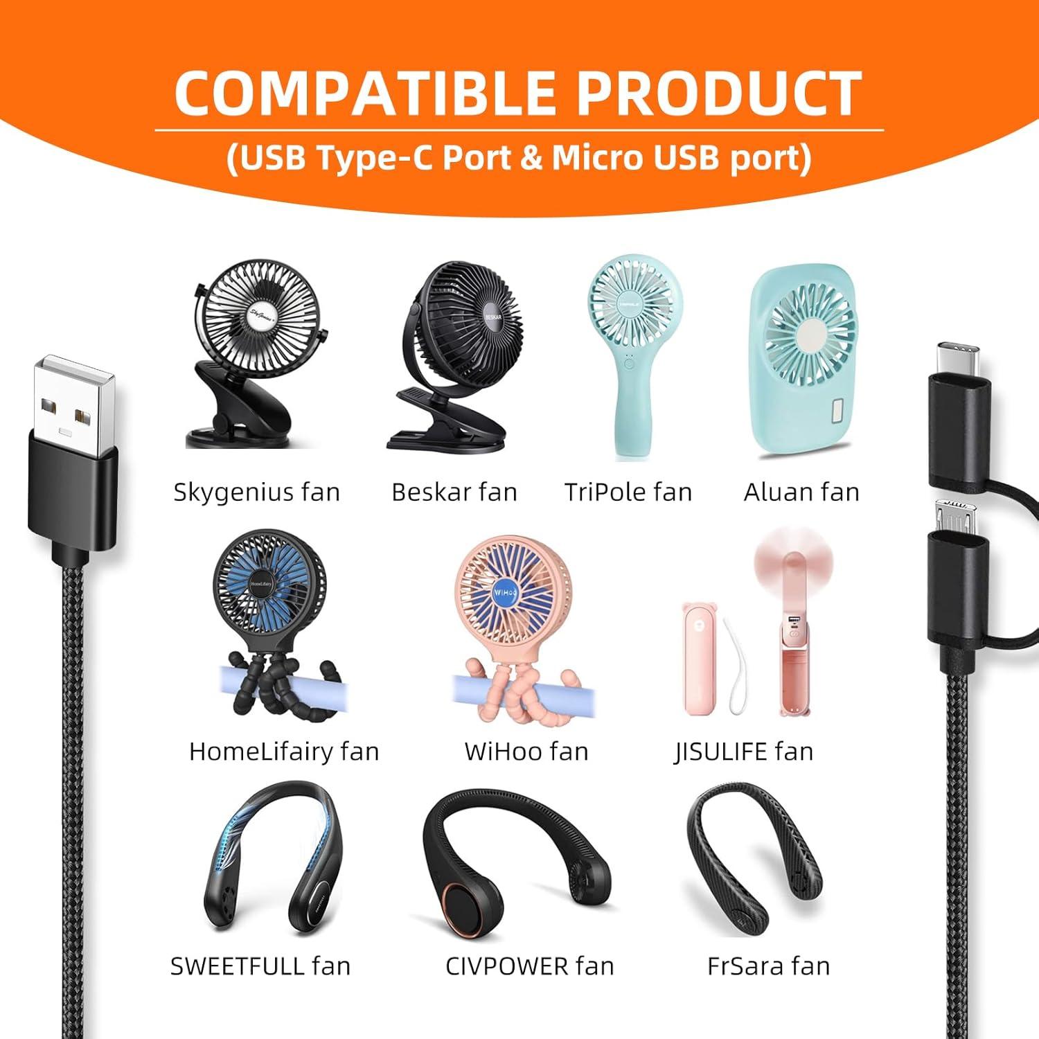 Cargador 2 en 1 para Ventiladores Portátiles USB Tipo C y Micro USB