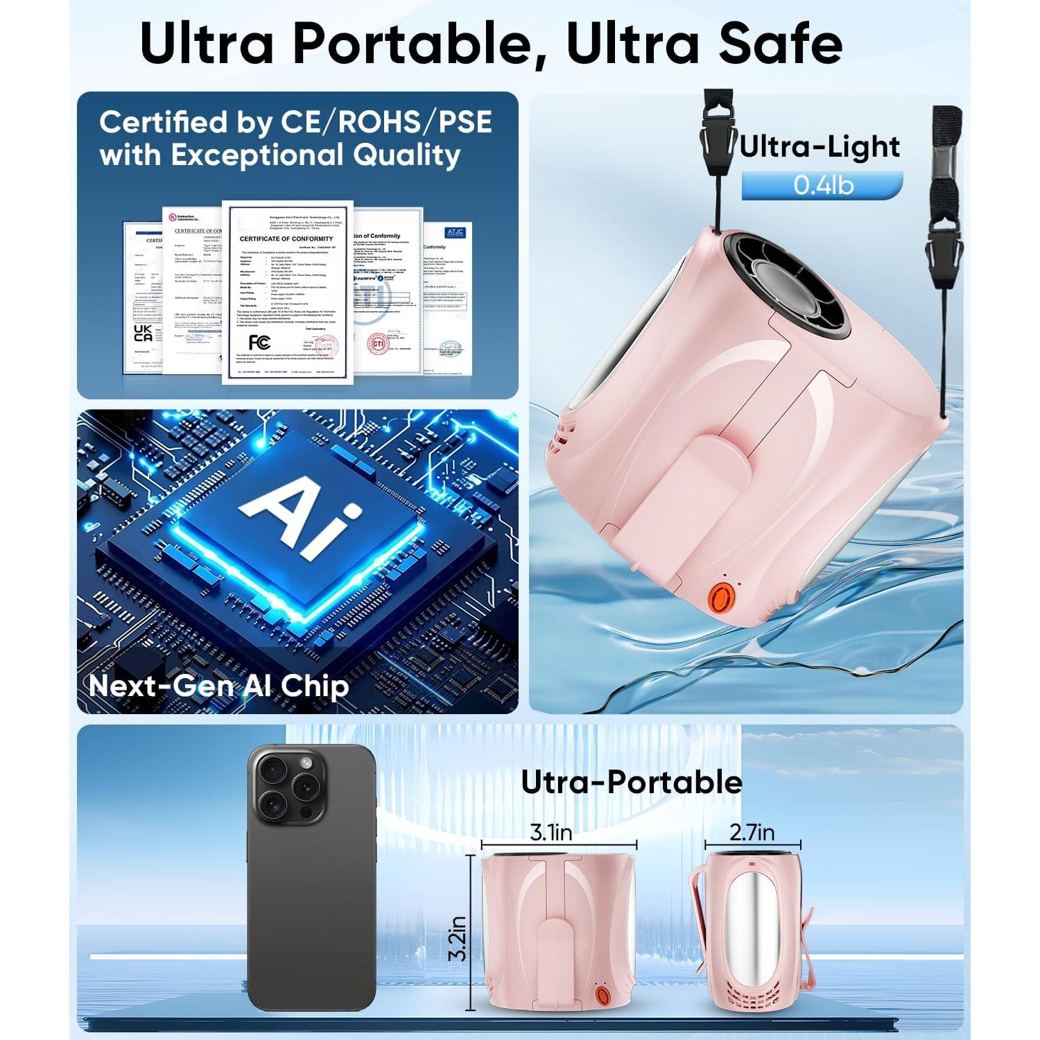 Ventilador Portátil de Cintura Tedajo Y7, 6 Velocidades, Rosa