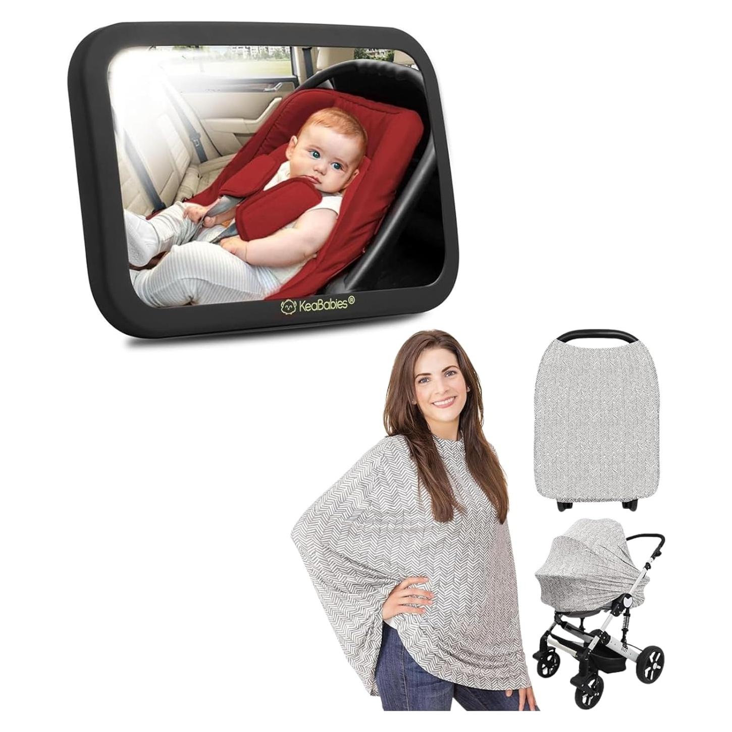 Espejo de Auto para Bebés KeaBabies 360° y Funda de Lactancia