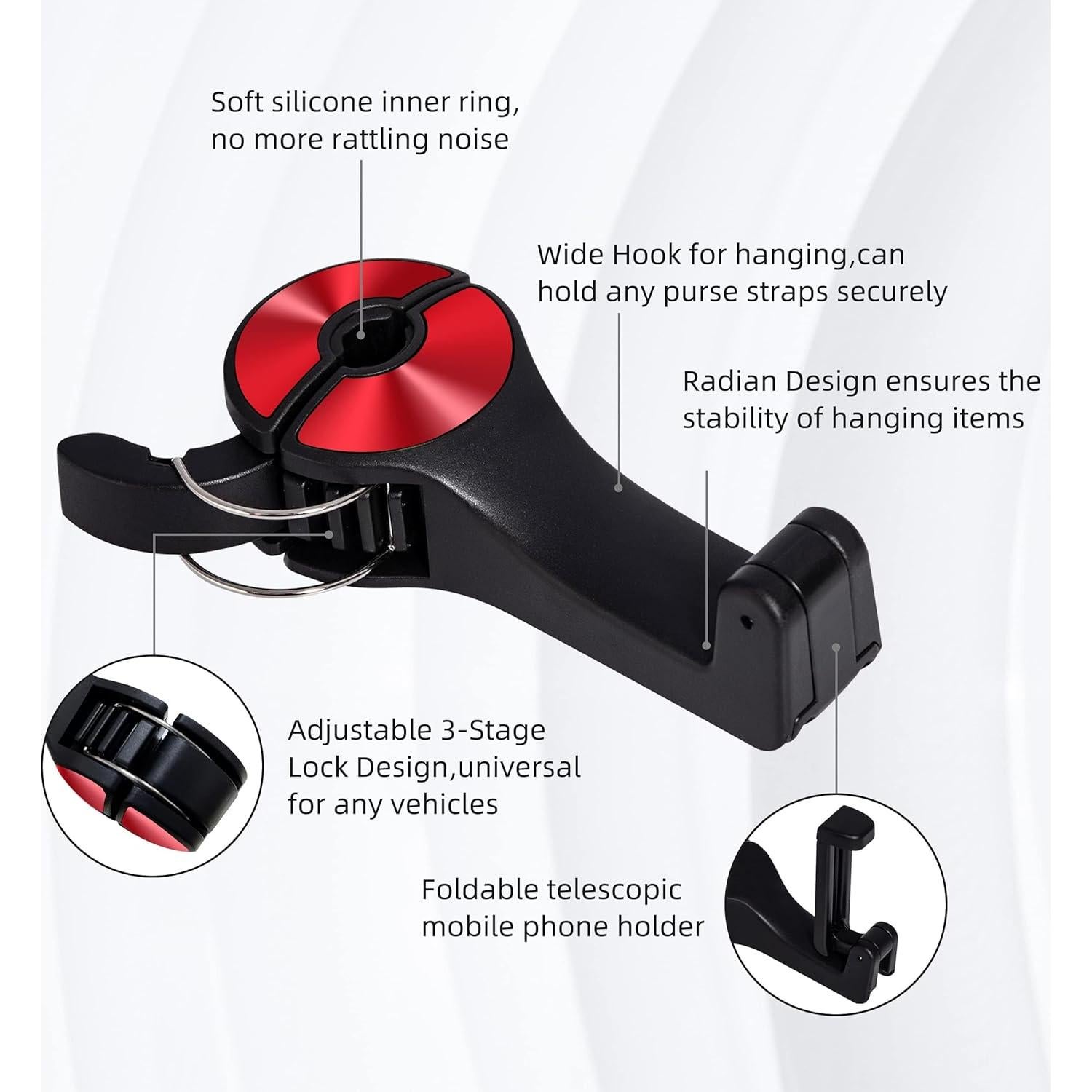 Ganchos para Asientos de Auto Amooca 2 en 1 con Bloqueo Rojo