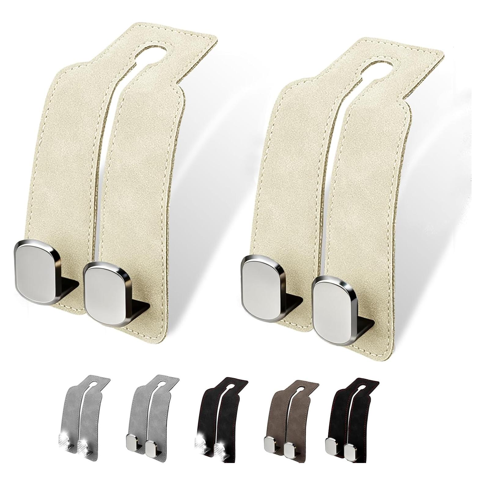 Ganchos para Reposacabezas QBUC - 2 Unidades, Aluminio y Cuero Beige