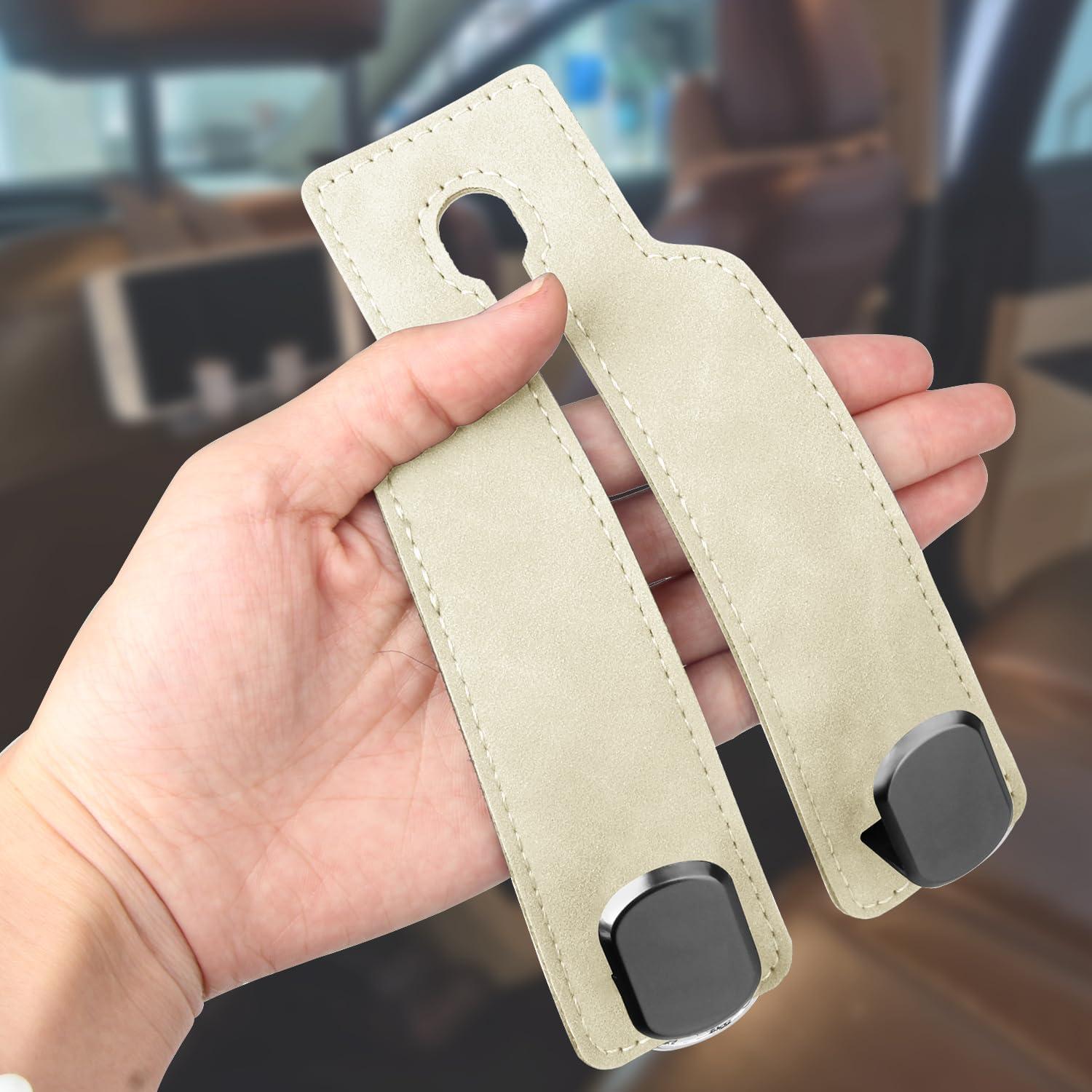 Ganchos para Reposacabezas QBUC - 2 Unidades, Aluminio y Cuero Beige