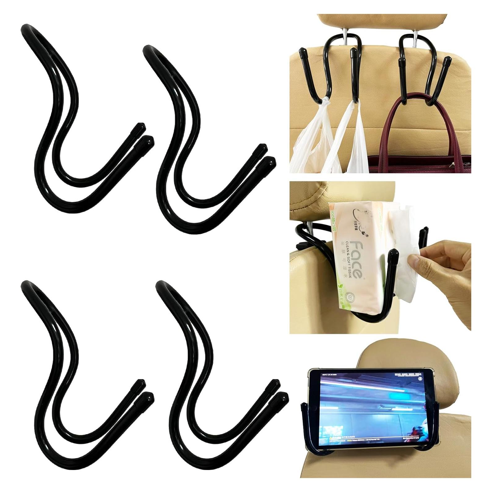 4 Pack Car Seat Headrest Hook Hanger Storage Organizer for Handbag Purse Coat Hat fit Universal Vehicle Car Black,Double Hook Type - Large Capacity, Easy to Shape - No Scratches