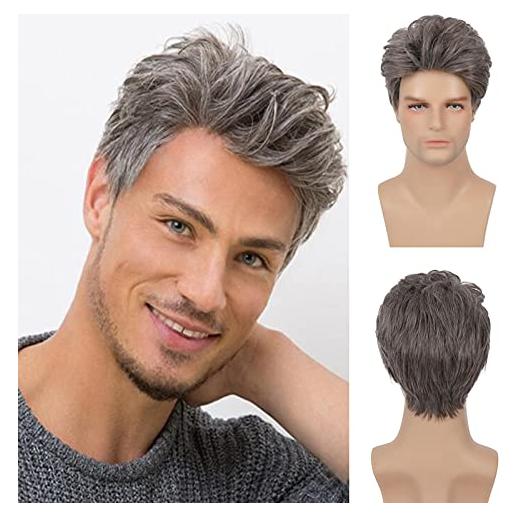 Peluca corta para hombres Baruisi marrón y plata sintética