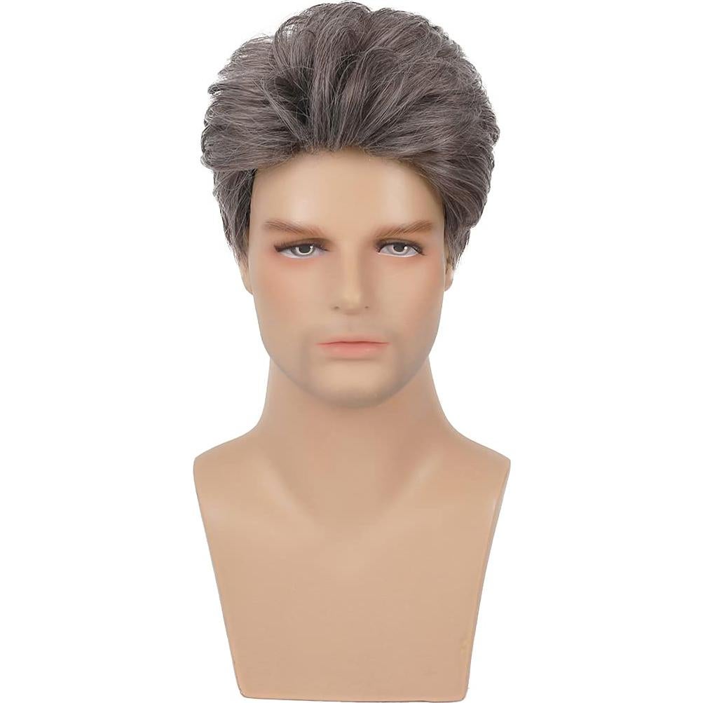 Peluca corta para hombres Baruisi marrón y plata sintética