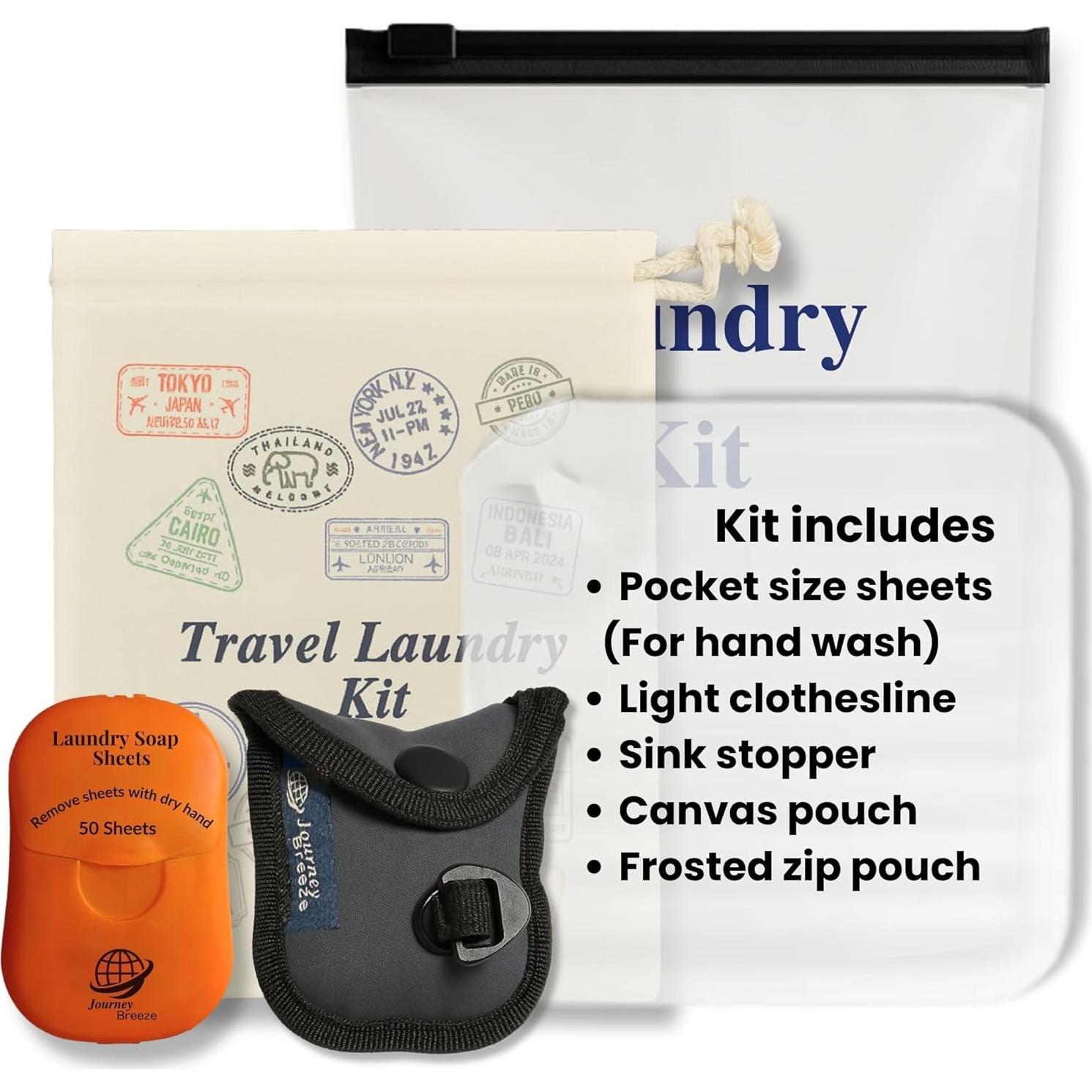 Kit de Lavandería de Viaje Journey Breeze - 50 Hojas, Cuerda y Tapón