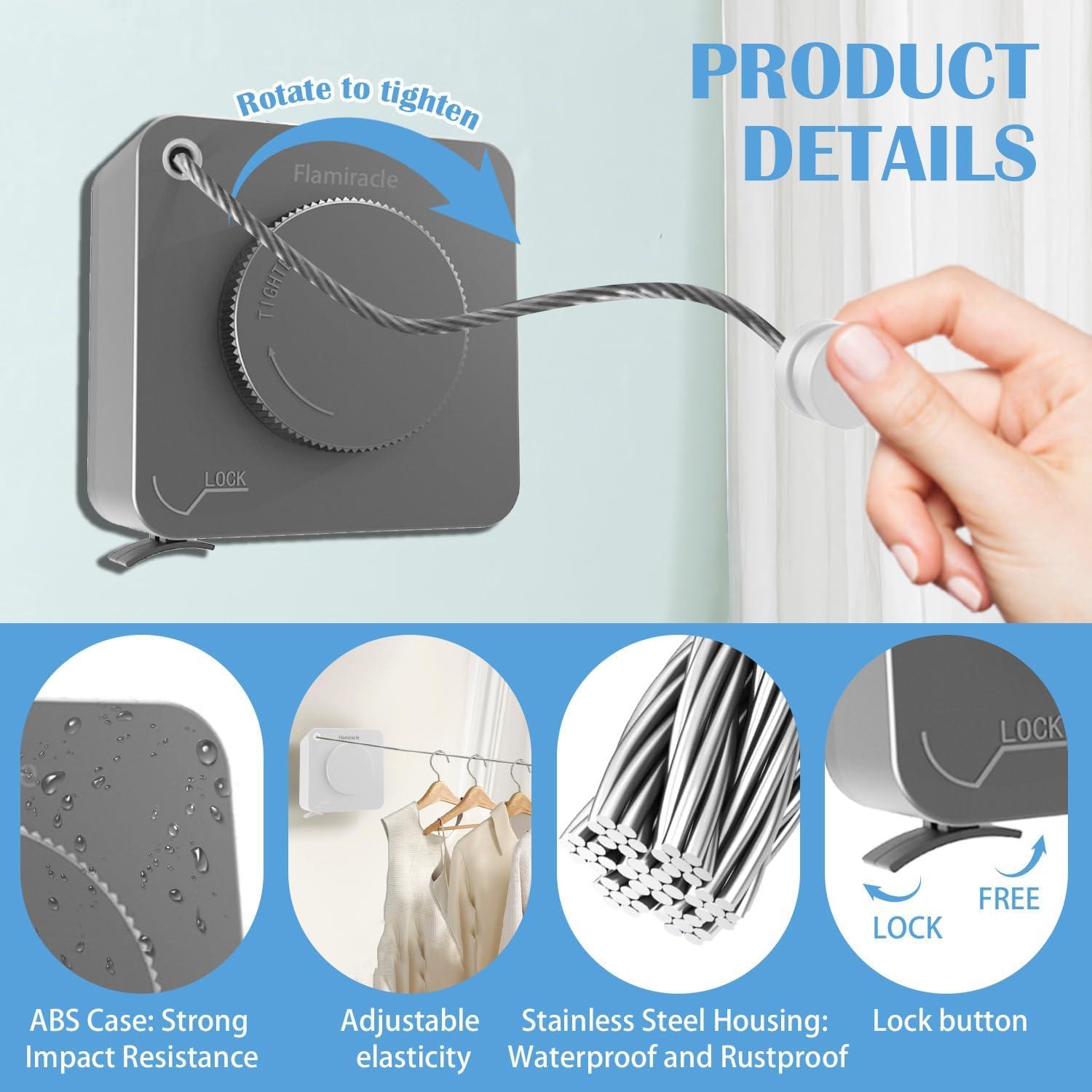 Cuerda de Ropa Retráctil Flamiracle 4.8m Gris Alta Resistencia