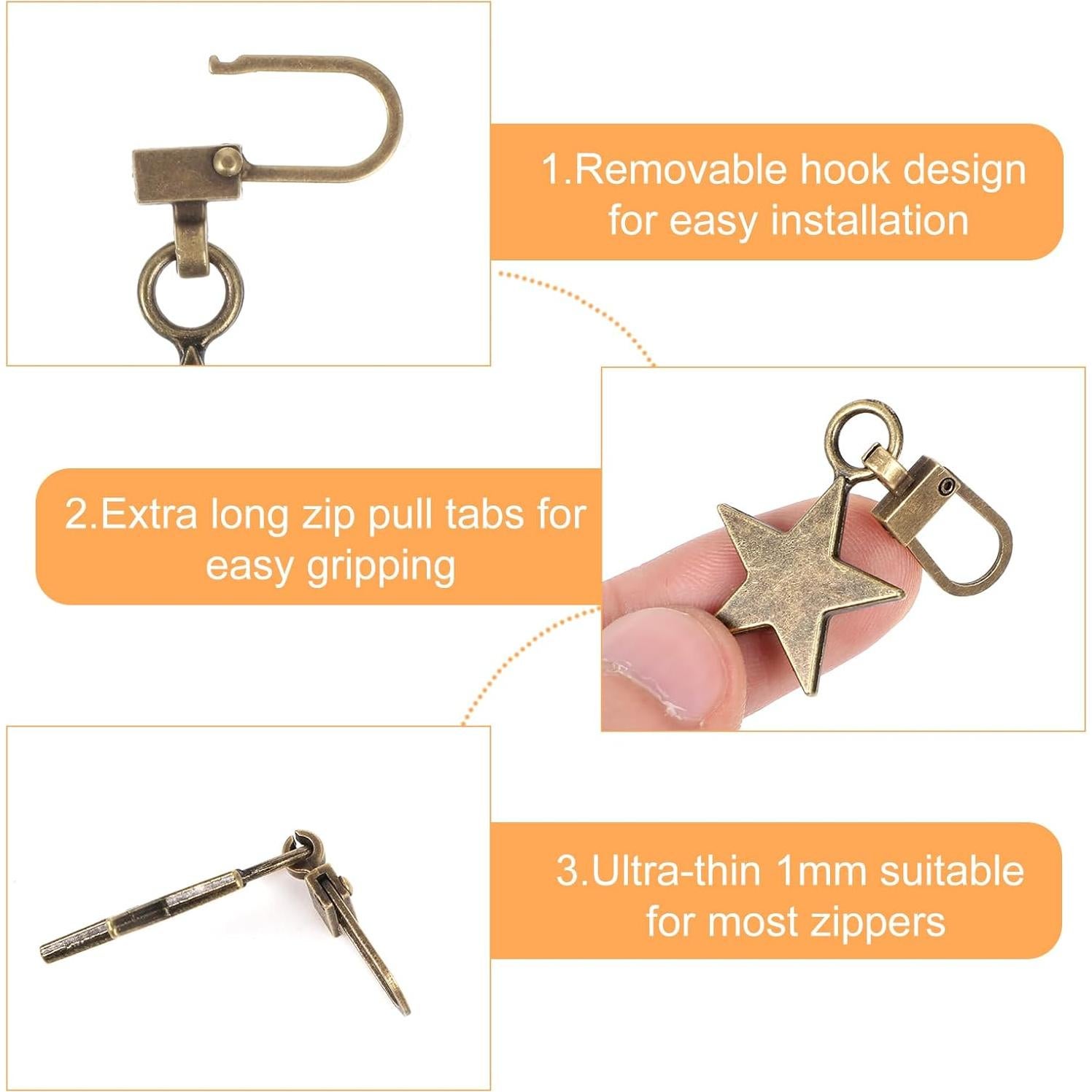 Oruola 10 Tiradores Decorativos de Cremallera Estrella Metal