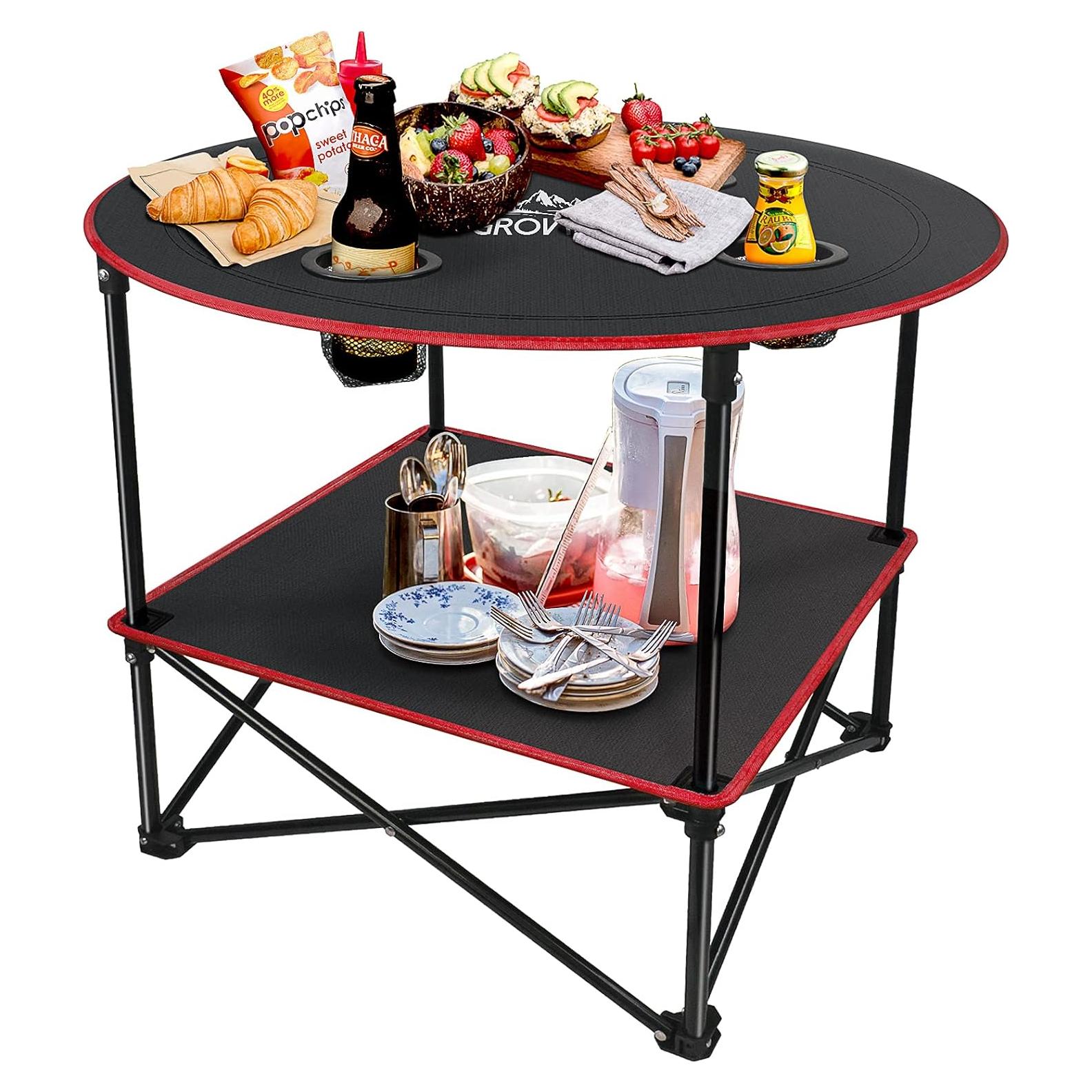 Portable Camping Table, Outdoor Beach Tables for Sand Foldable Picnic Table with 4 Cup Holders & Carry Bag, Lightweight Waterproof Canvas Tables for Outside, Fishing, Hiking, Tailgating