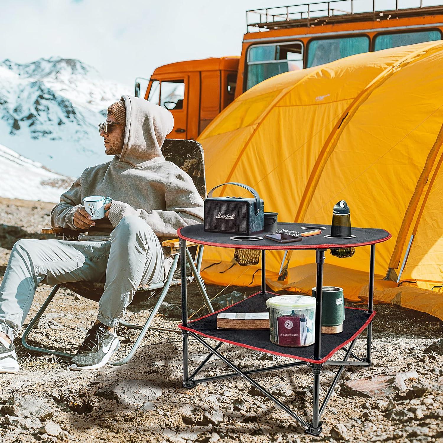 Portable Camping Table, Outdoor Beach Tables for Sand Foldable Picnic Table with 4 Cup Holders & Carry Bag, Lightweight Waterproof Canvas Tables for Outside, Fishing, Hiking, Tailgating