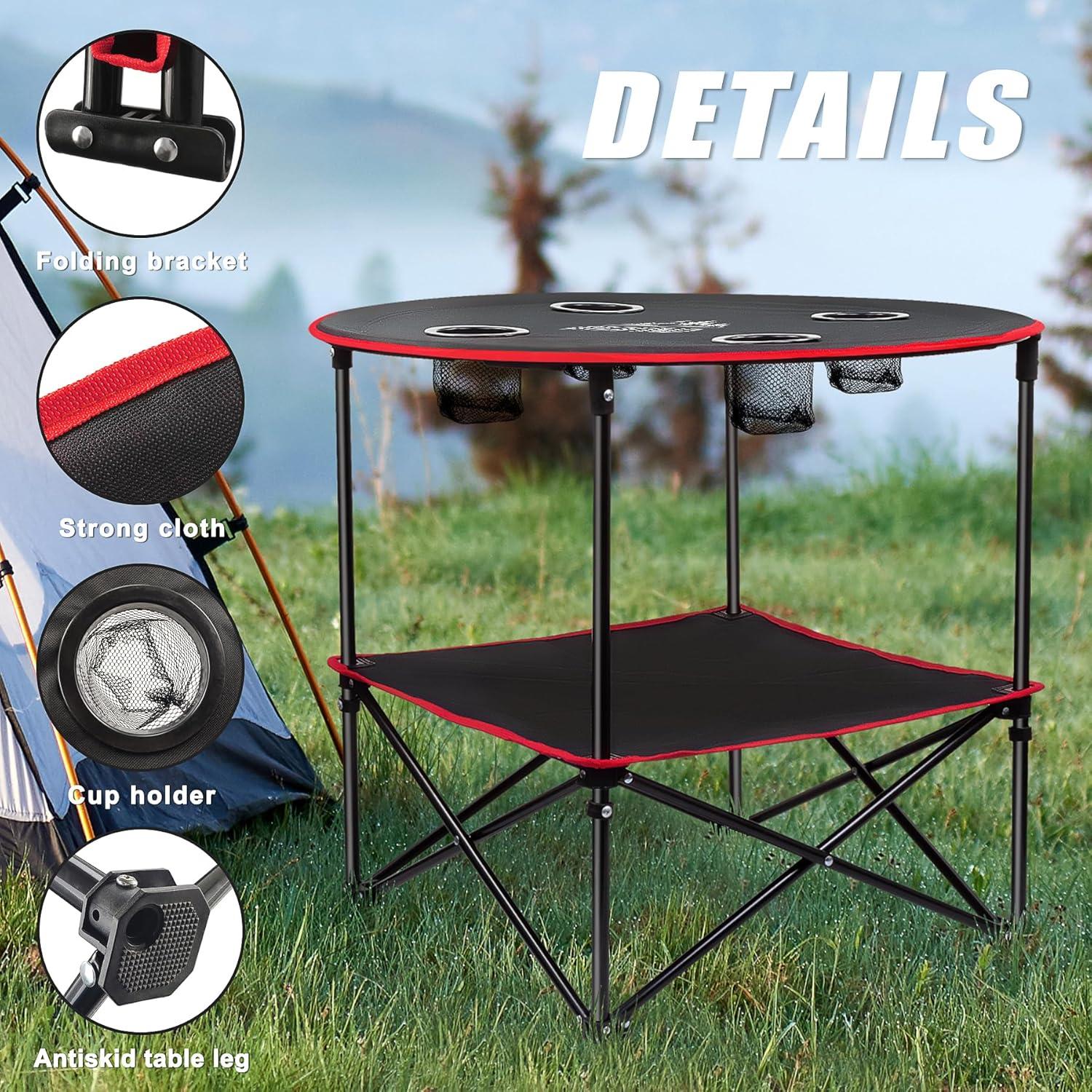 Portable Camping Table, Outdoor Beach Tables for Sand Foldable Picnic Table with 4 Cup Holders & Carry Bag, Lightweight Waterproof Canvas Tables for Outside, Fishing, Hiking, Tailgating