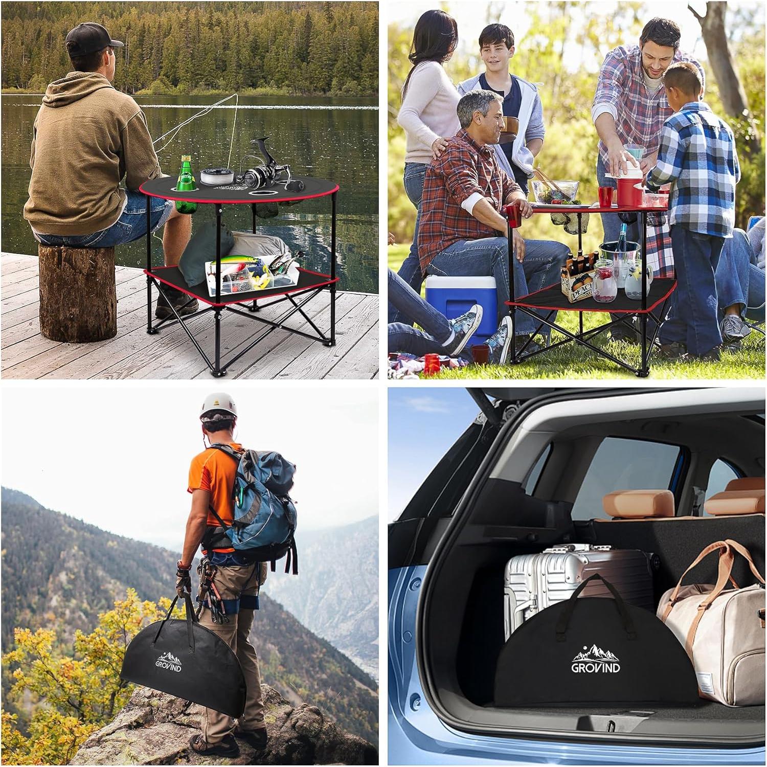 Portable Camping Table, Outdoor Beach Tables for Sand Foldable Picnic Table with 4 Cup Holders & Carry Bag, Lightweight Waterproof Canvas Tables for Outside, Fishing, Hiking, Tailgating